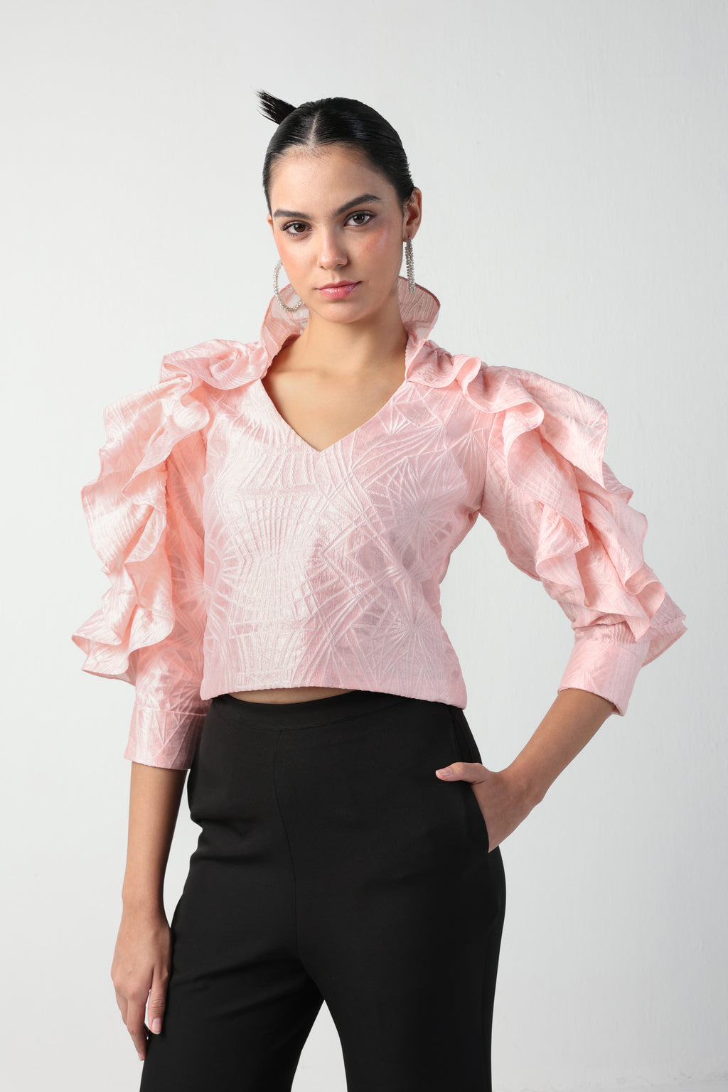 BIANCA PEACH SHOULDER RUFFLE JACQUARD TOP
