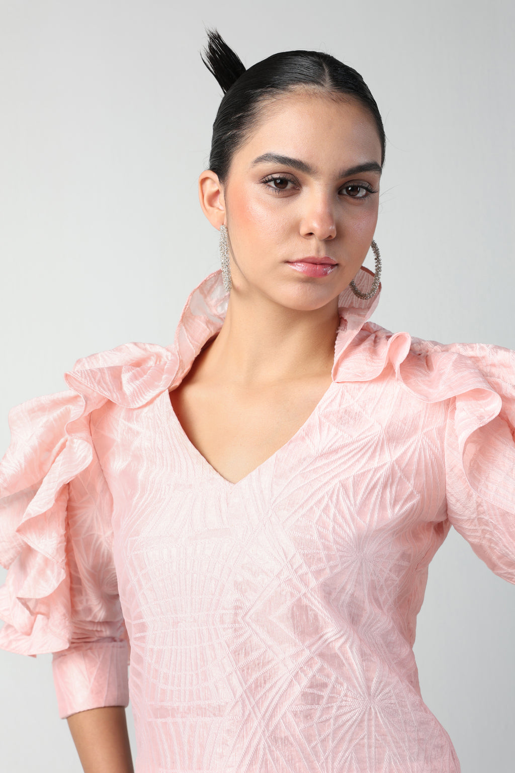 BIANCA PEACH SHOULDER RUFFLE JACQUARD TOP