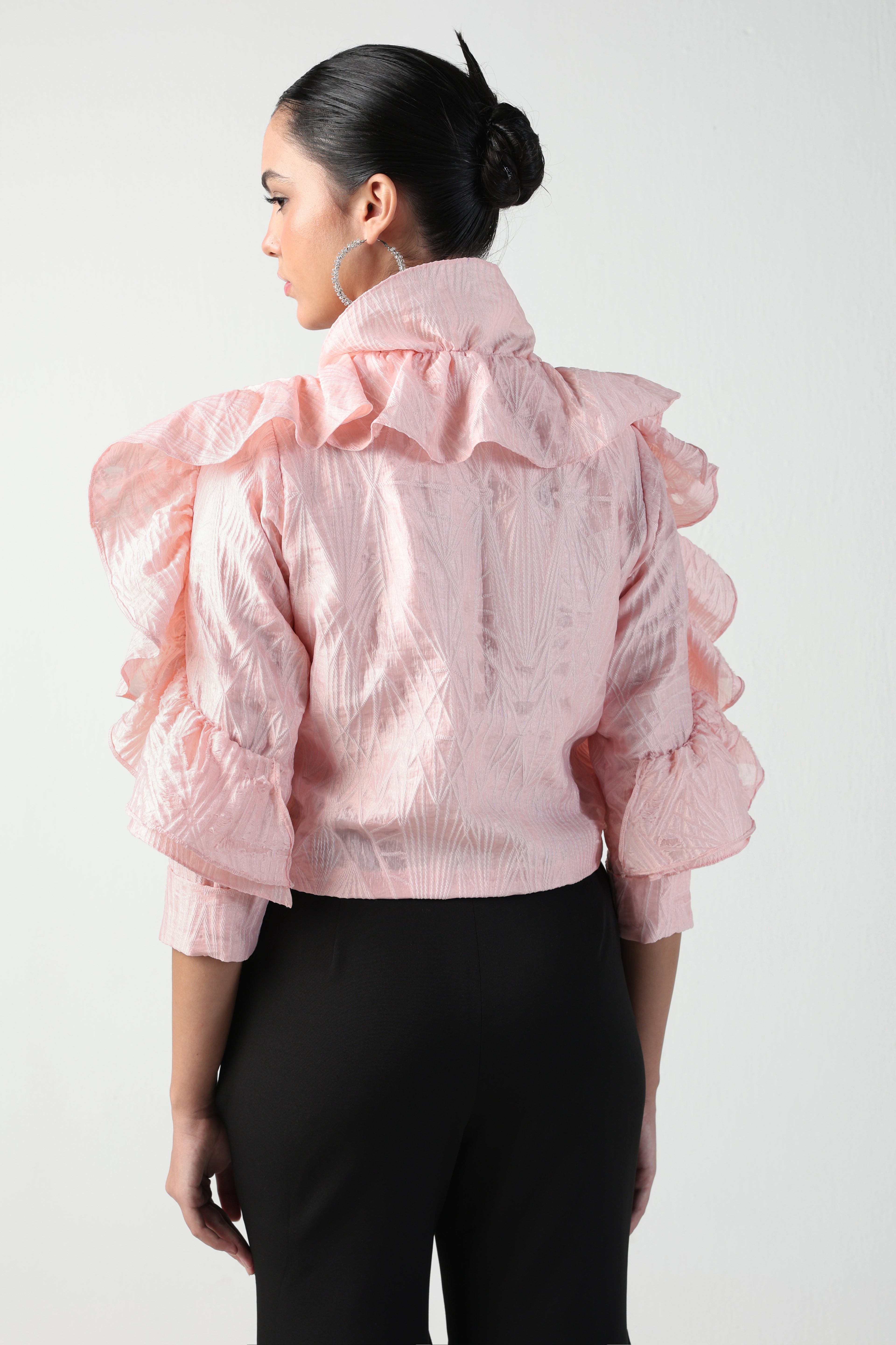 BIANCA PEACH SHOULDER RUFFLE JACQUARD TOP