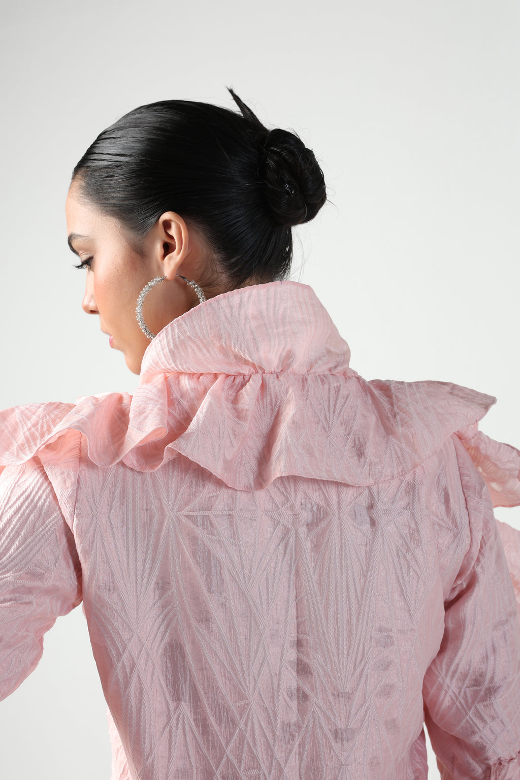 BIANCA PEACH SHOULDER RUFFLE JACQUARD TOP