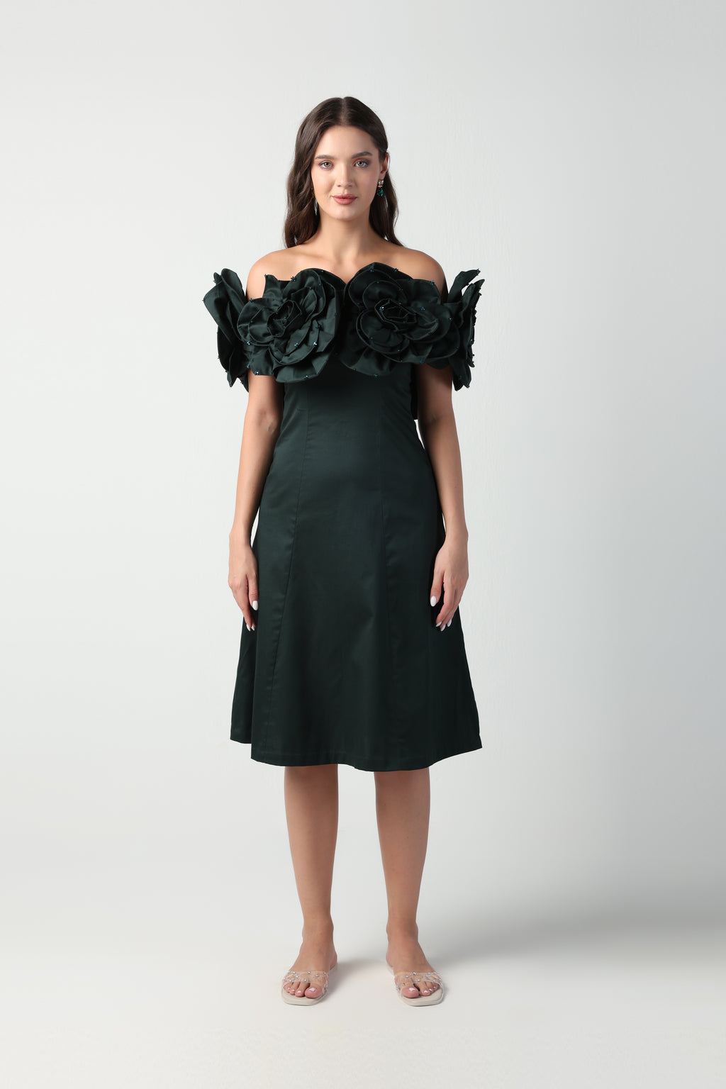 AURORA 3D FLOWER DARK GREEN OFF SHOULDER MIDI DRESS