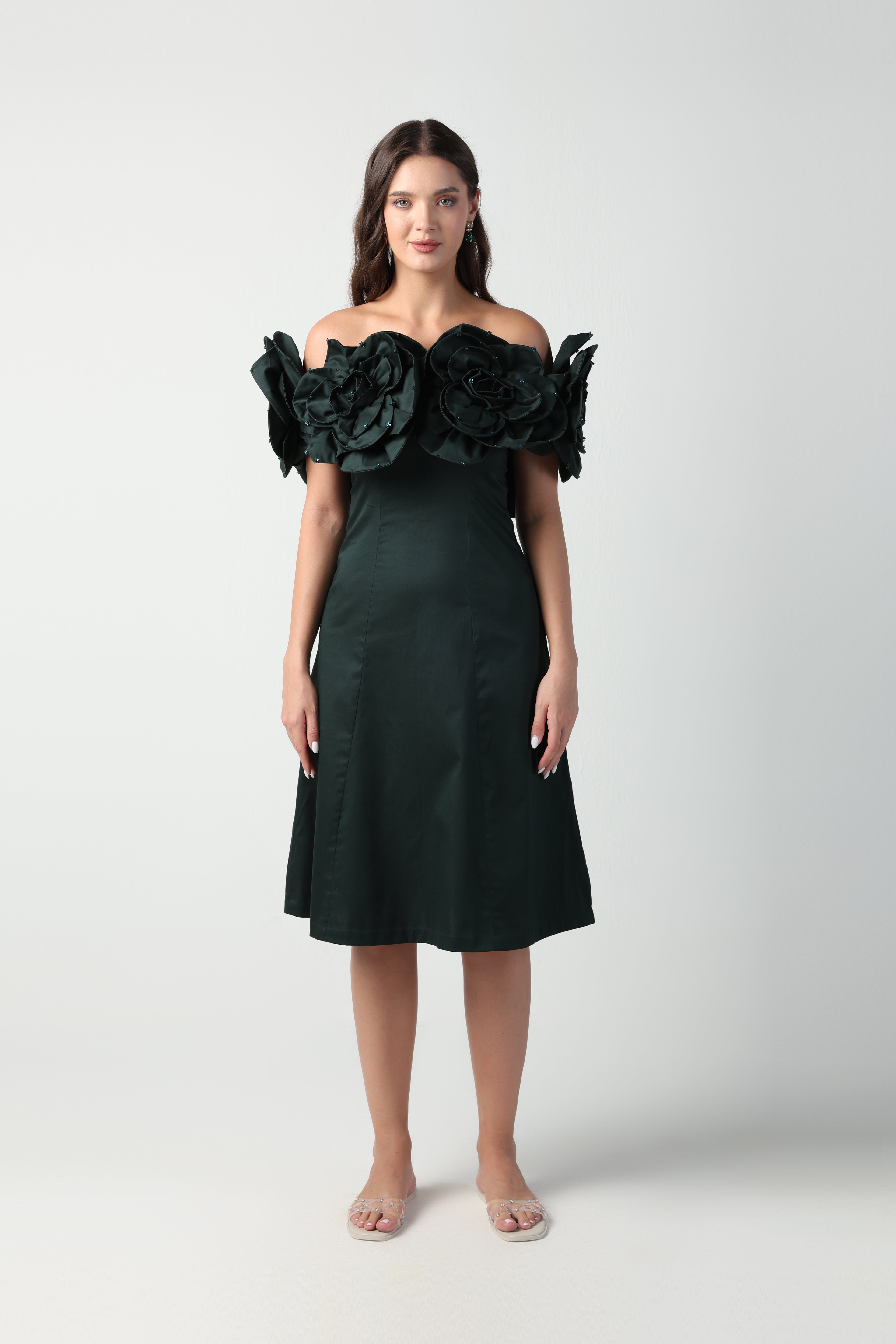 AURORA 3D FLOWER DARK GREEN OFF SHOULDER MIDI DRESS