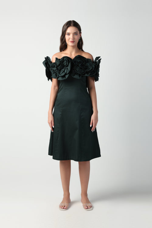 AURORA 3D FLOWER DARK GREEN OFF SHOULDER MIDI DRESS