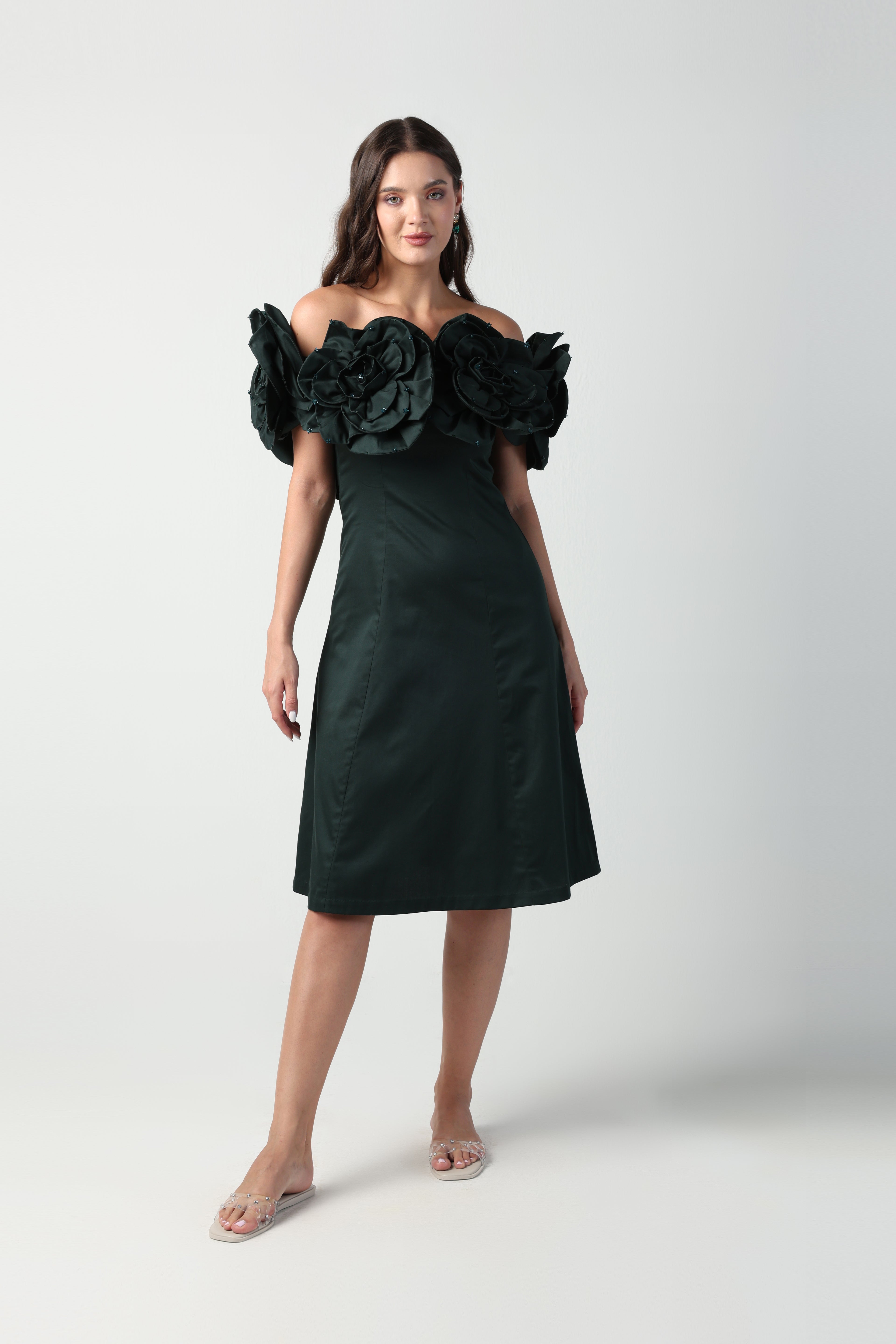AURORA 3D FLOWER DARK GREEN OFF SHOULDER MIDI DRESS