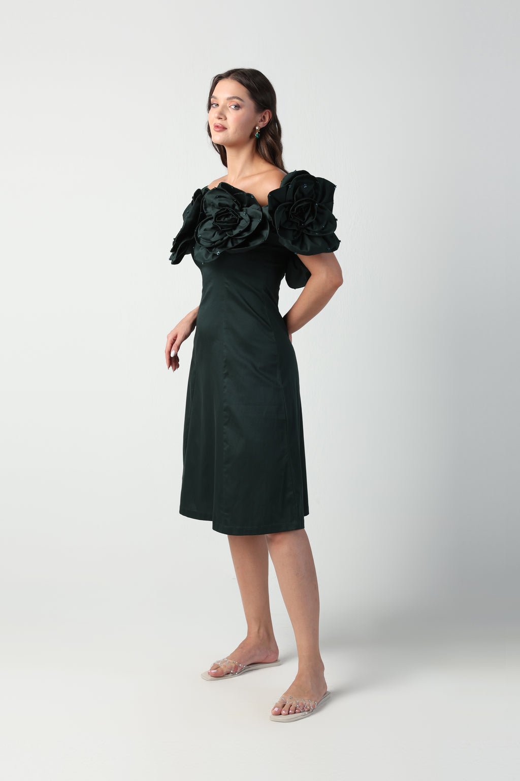 AURORA 3D FLOWER DARK GREEN OFF SHOULDER MIDI DRESS