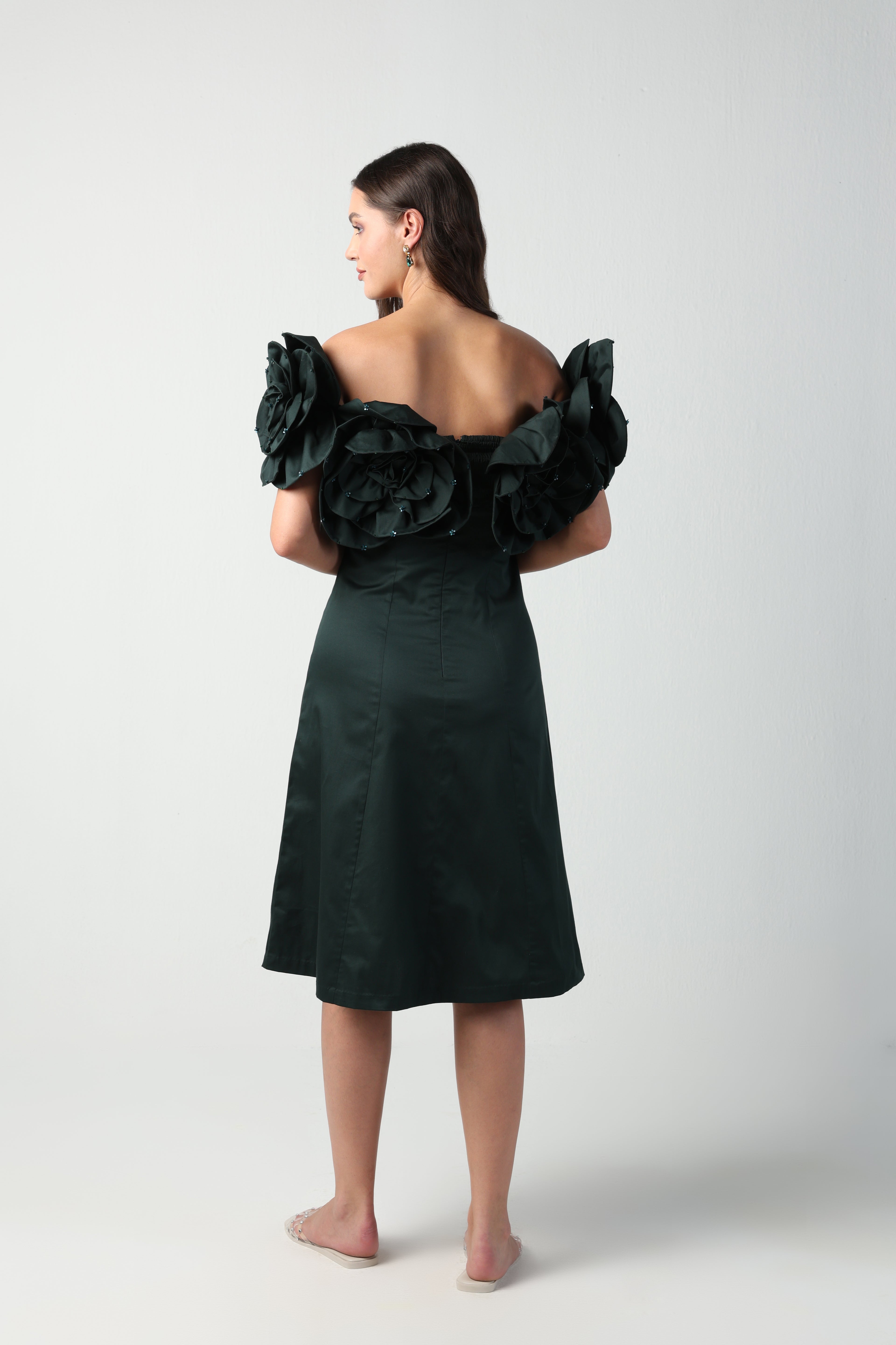 AURORA 3D FLOWER DARK GREEN OFF SHOULDER MIDI DRESS