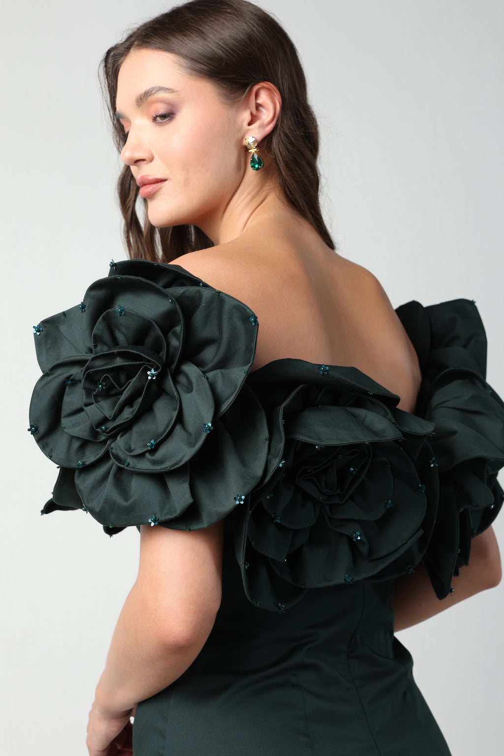 AURORA 3D FLOWER DARK GREEN OFF SHOULDER MIDI DRESS