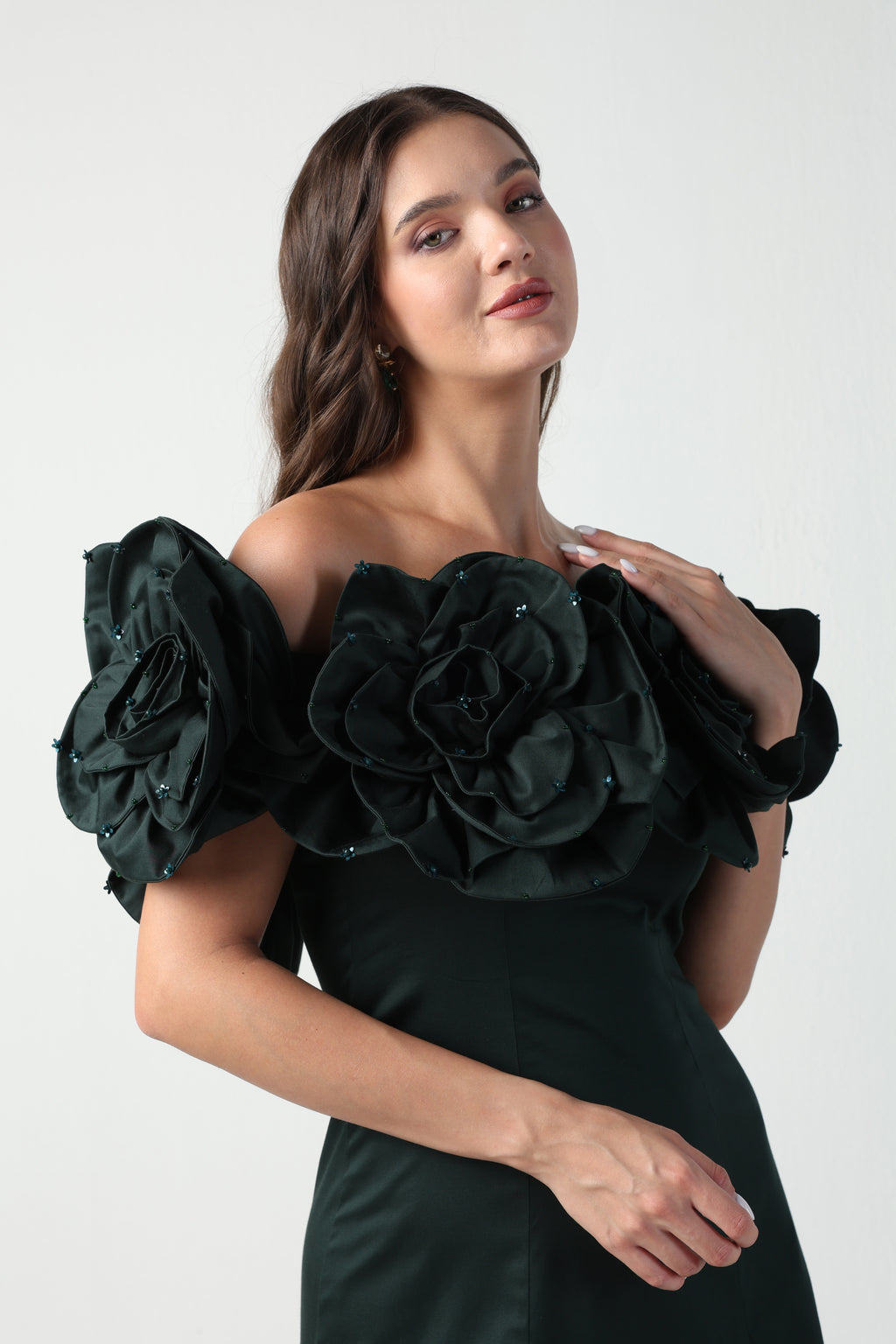 AURORA 3D FLOWER DARK GREEN OFF SHOULDER MIDI DRESS