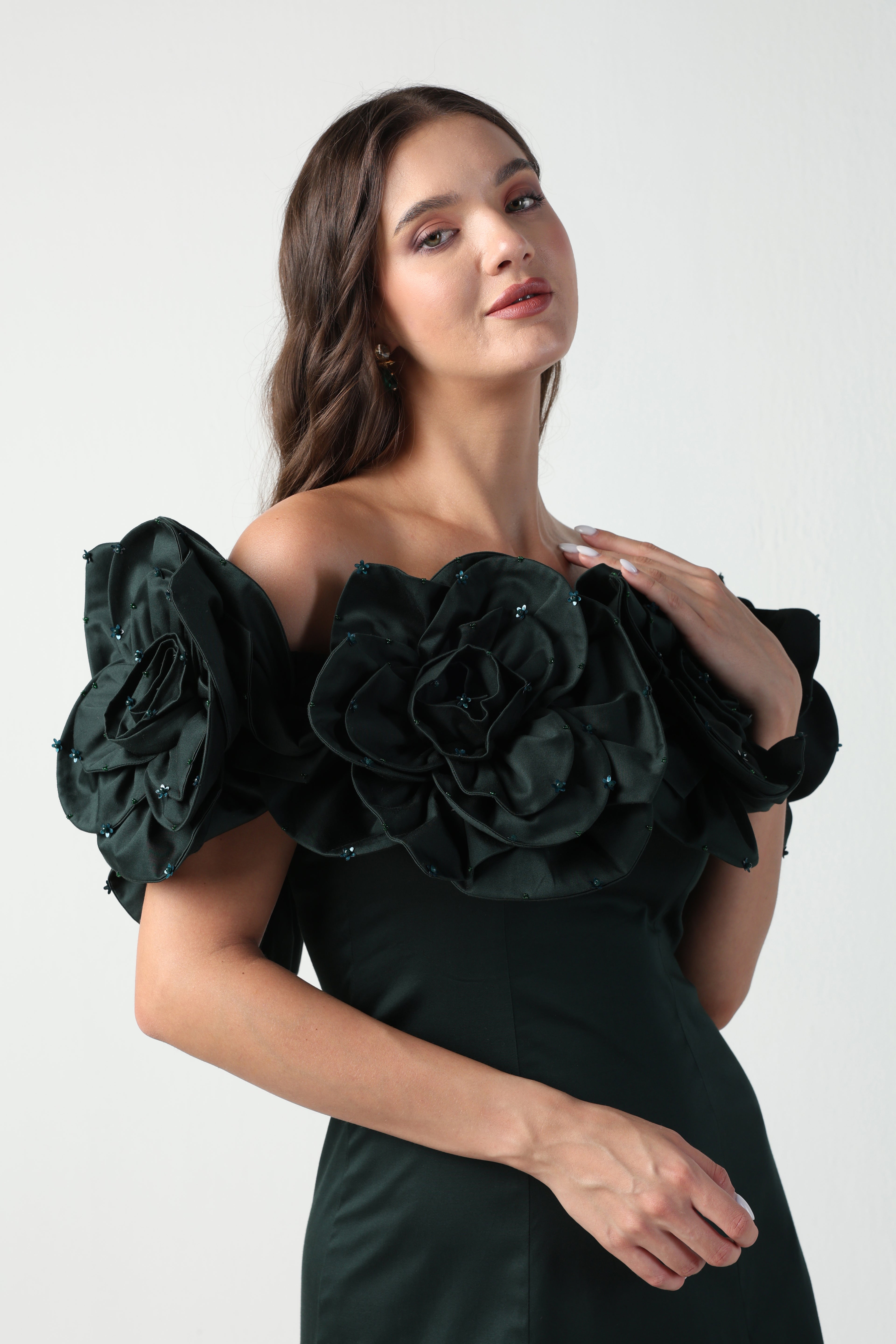 AURORA 3D FLOWER DARK GREEN OFF SHOULDER MIDI DRESS