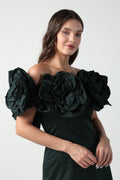 AURORA 3D FLOWER DARK GREEN OFF SHOULDER MIDI DRESS