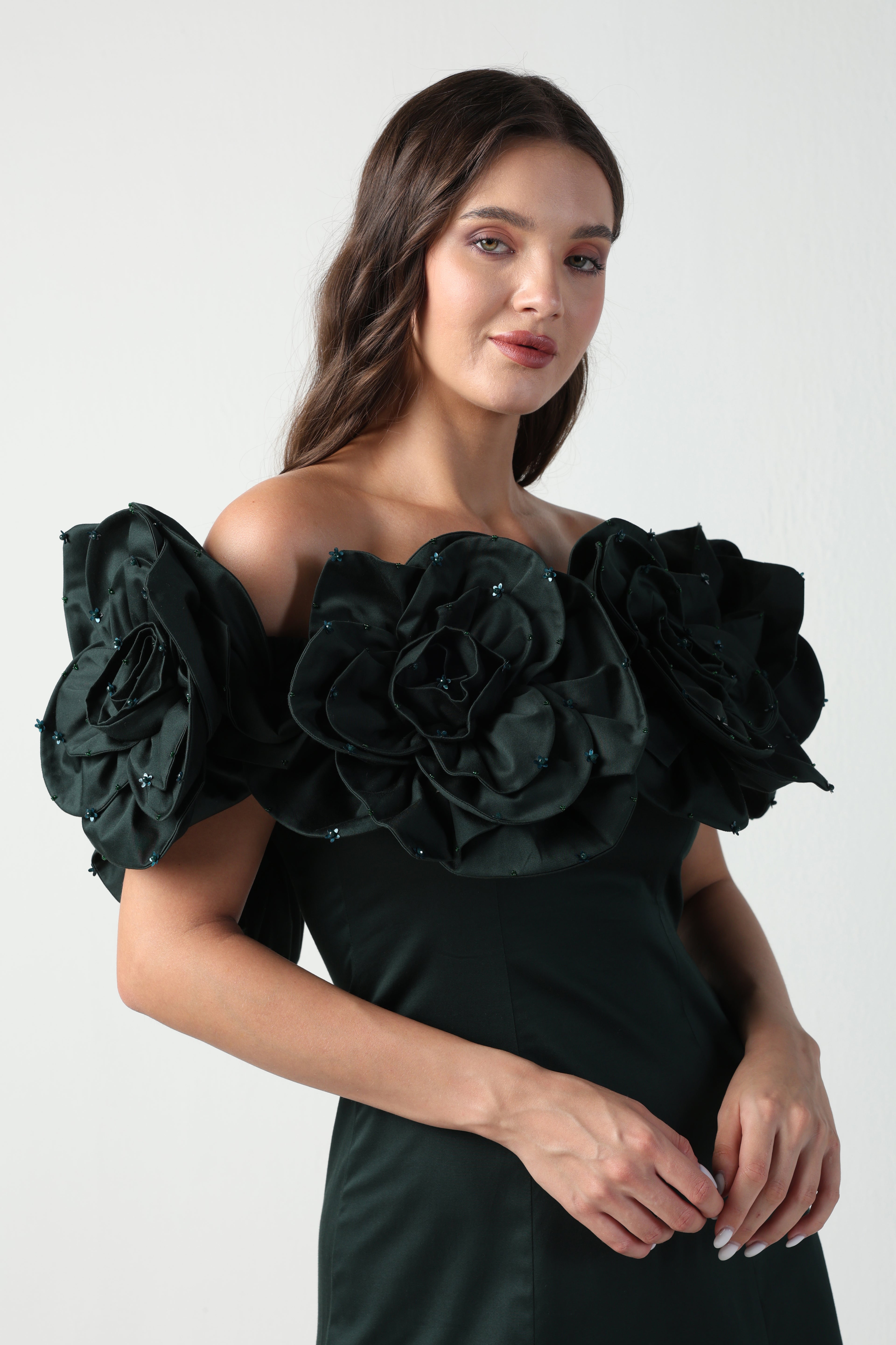 AURORA 3D FLOWER DARK GREEN OFF SHOULDER MIDI DRESS