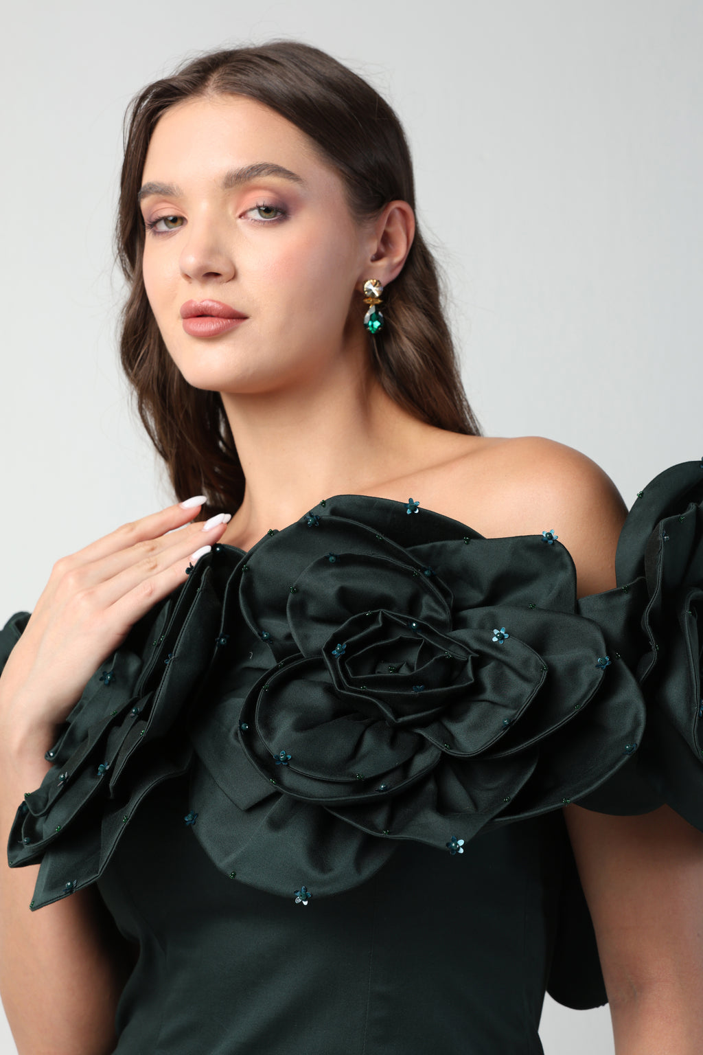 AURORA 3D FLOWER DARK GREEN OFF SHOULDER MIDI DRESS