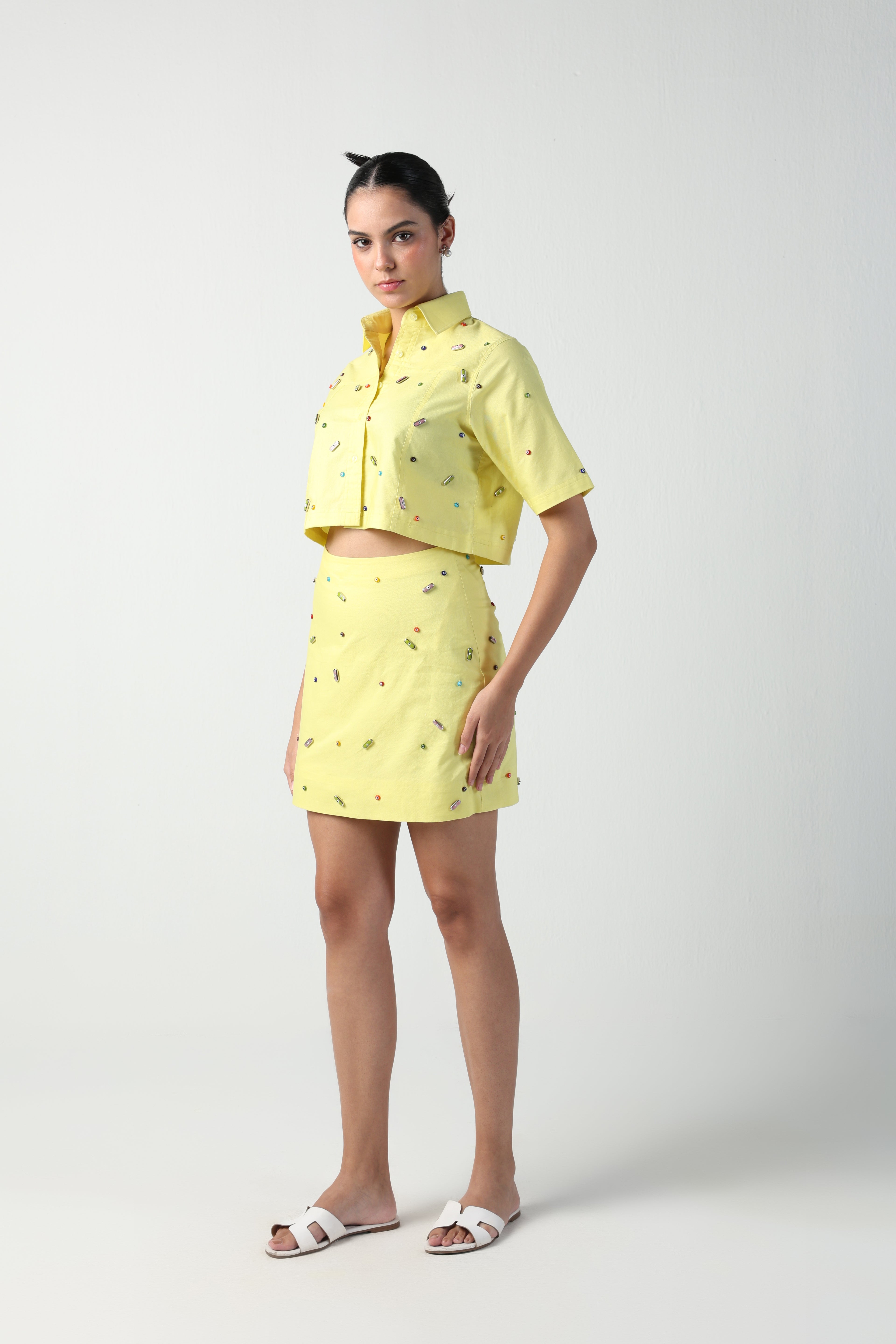 CICCIA YELLOW EVIL EYE CHARM SKIRT CO-ORD SET