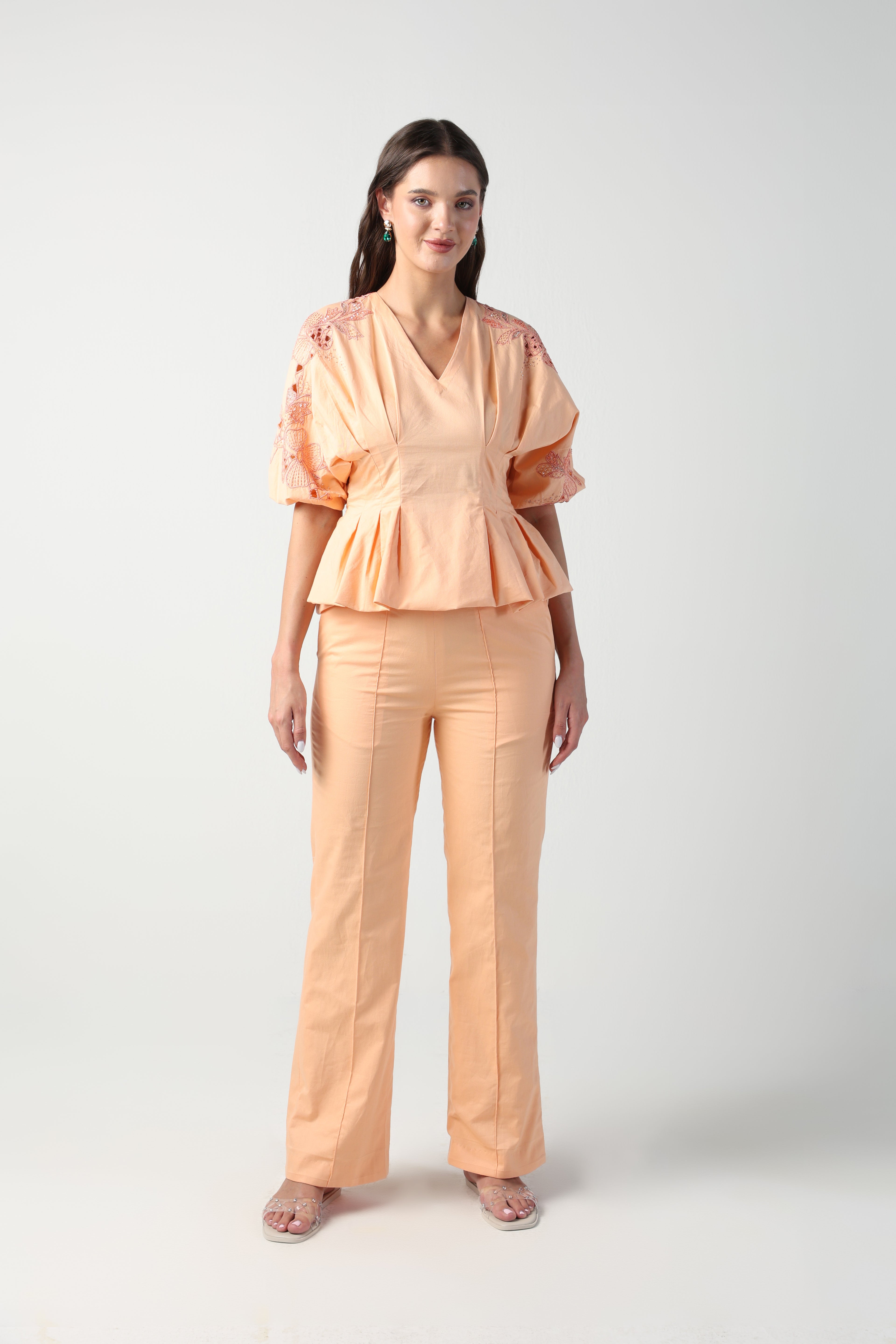 NELLA PEACH PLEATED PEPLUM HANDCUTWORK CO-ORD SET