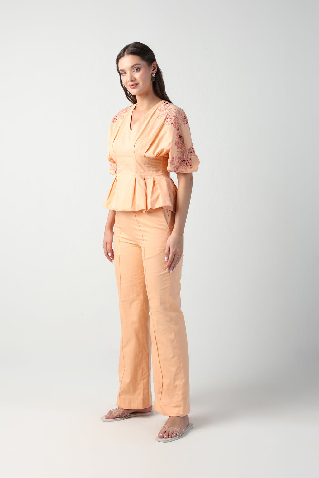 NELLA PEACH PLEATED PEPLUM HANDCUTWORK CO-ORD SET