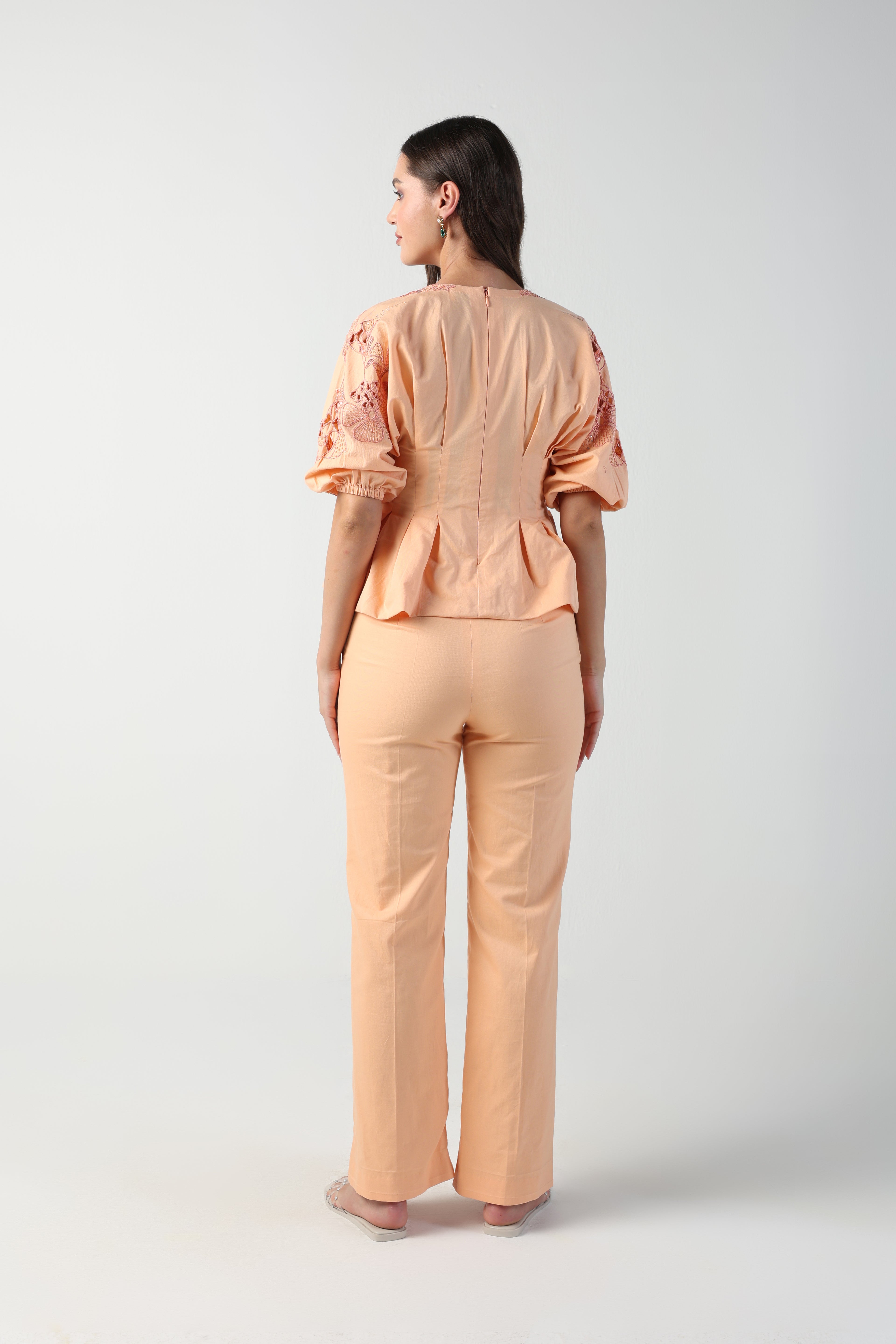 NELLA PEACH PLEATED PEPLUM HANDCUTWORK CO-ORD SET