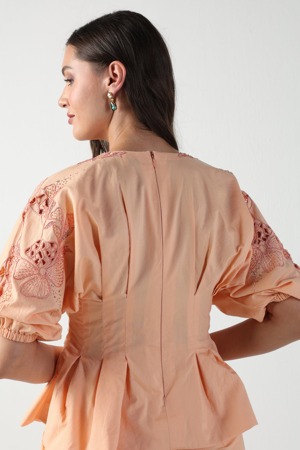 NELLA PEACH PLEATED PEPLUM HANDCUTWORK CO-ORD SET