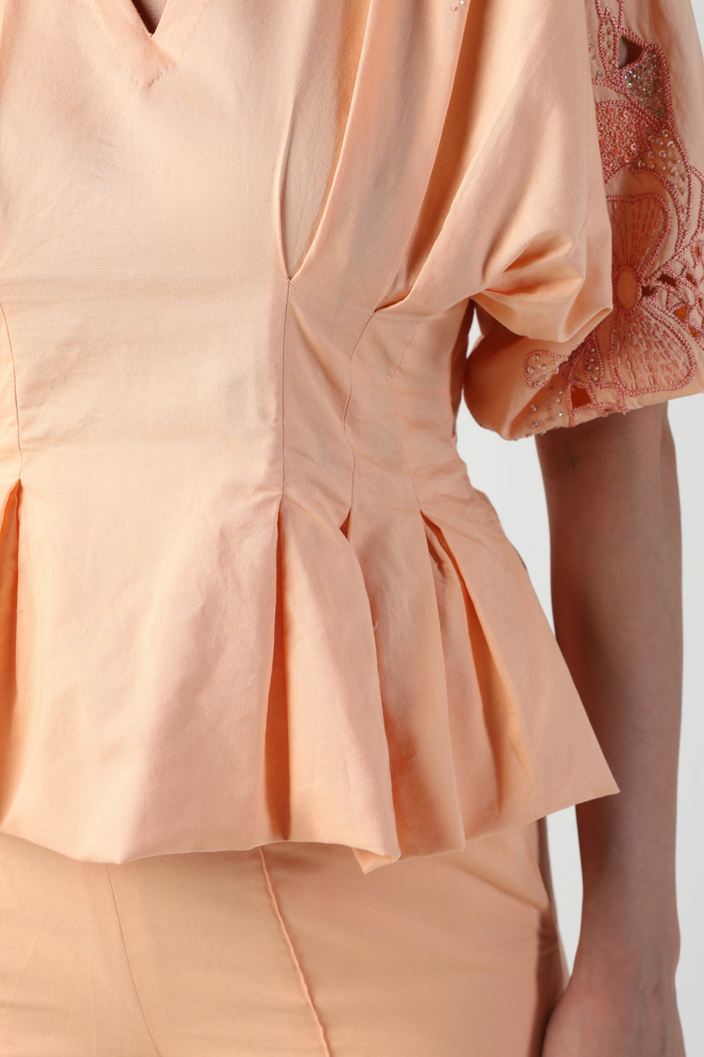 NELLA PEACH PLEATED PEPLUM HANDCUTWORK CO-ORD SET