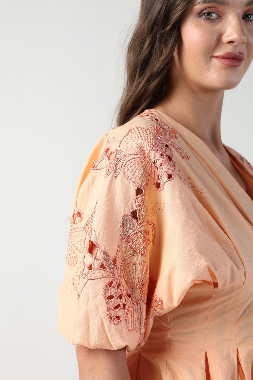 NELLA PEACH PLEATED PEPLUM HANDCUTWORK CO-ORD SET