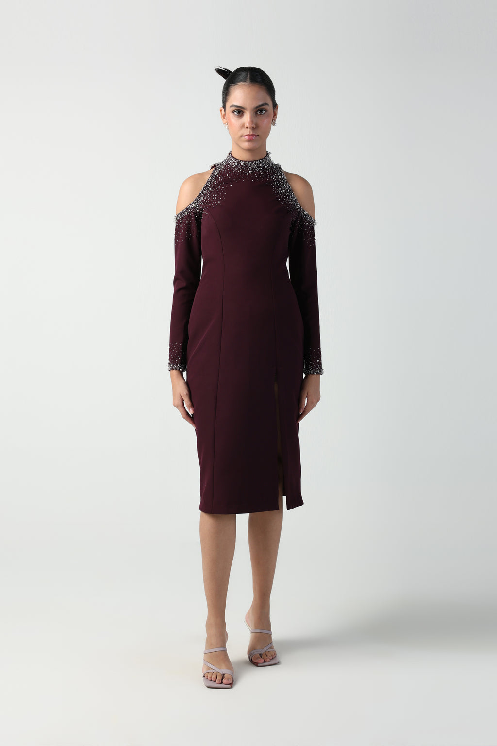 FIAMMA WINE COLD SHOULDER MIDI DRESS