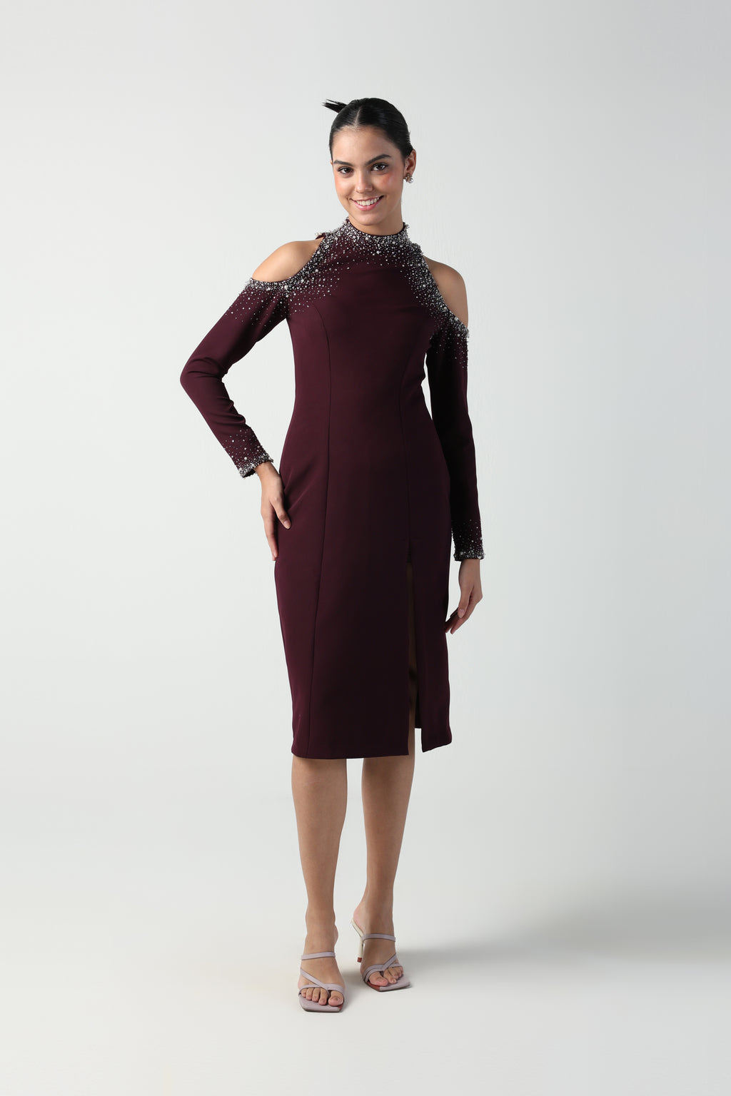FIAMMA WINE COLD SHOULDER MIDI DRESS