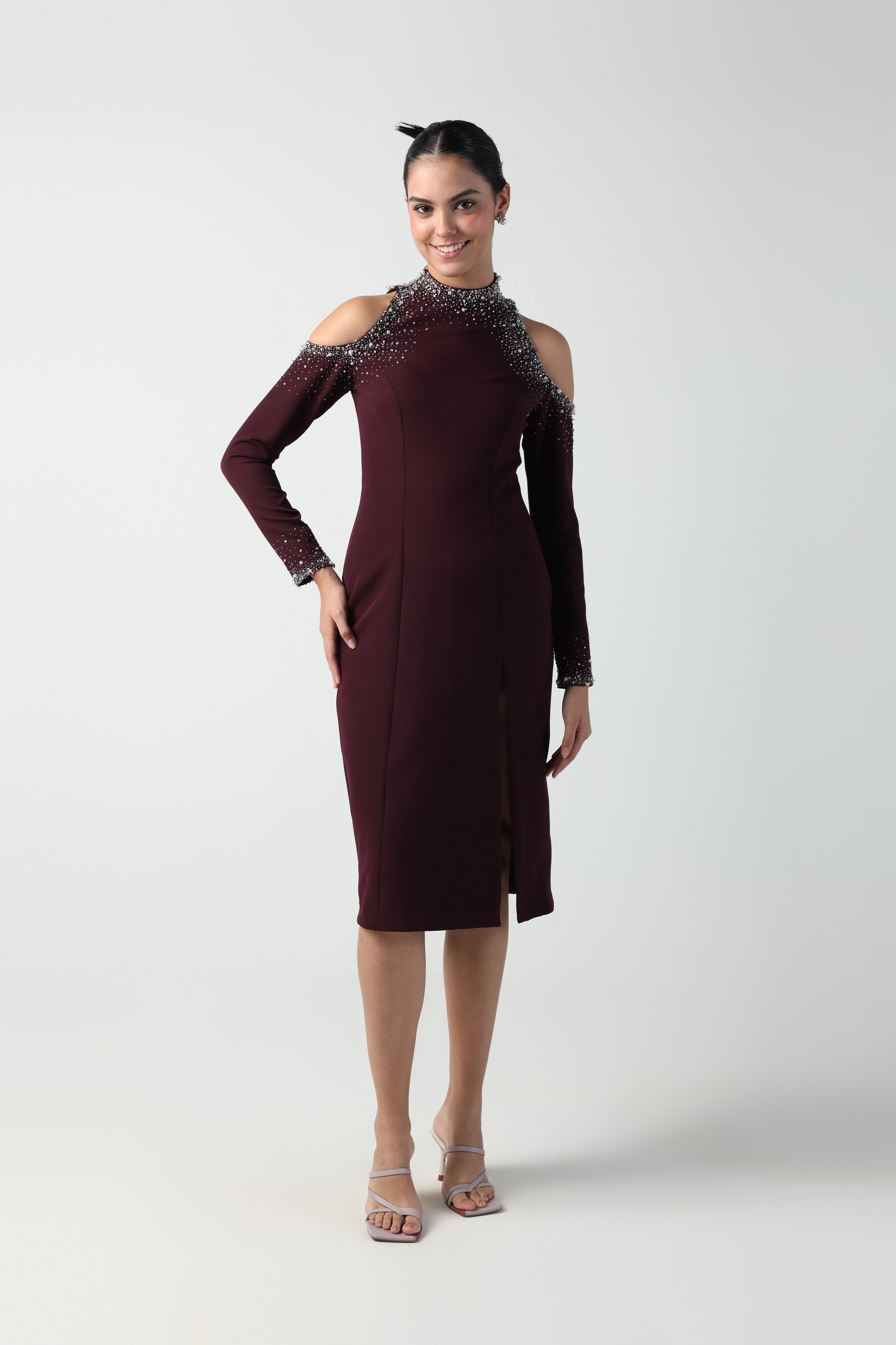 FIAMMA WINE COLD SHOULDER MIDI DRESS