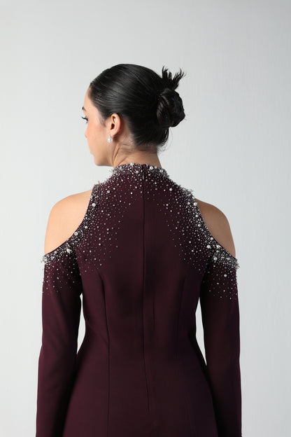 FIAMMA WINE COLD SHOULDER MIDI DRESS