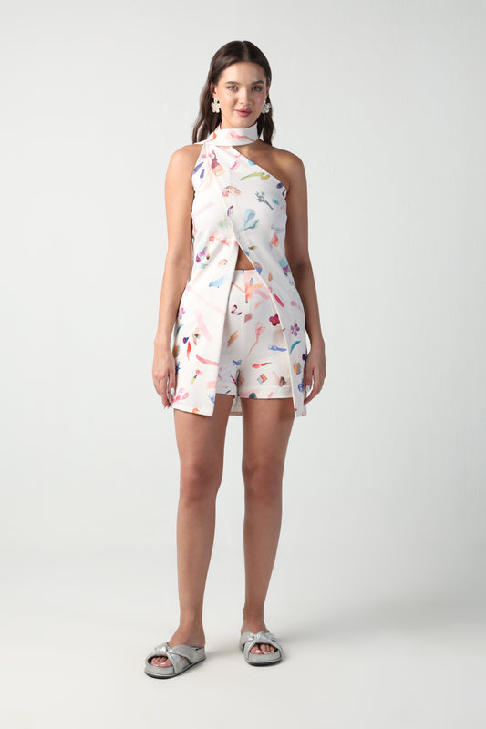 ARIA ABSTRACT BRUSH STROKE PRINT ONE SHOULDER TOP / SHORTS CO ORD SET