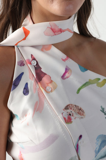 ARIA ABSTRACT BRUSH STROKE PRINT ONE SHOULDER TOP / SHORTS CO ORD SET