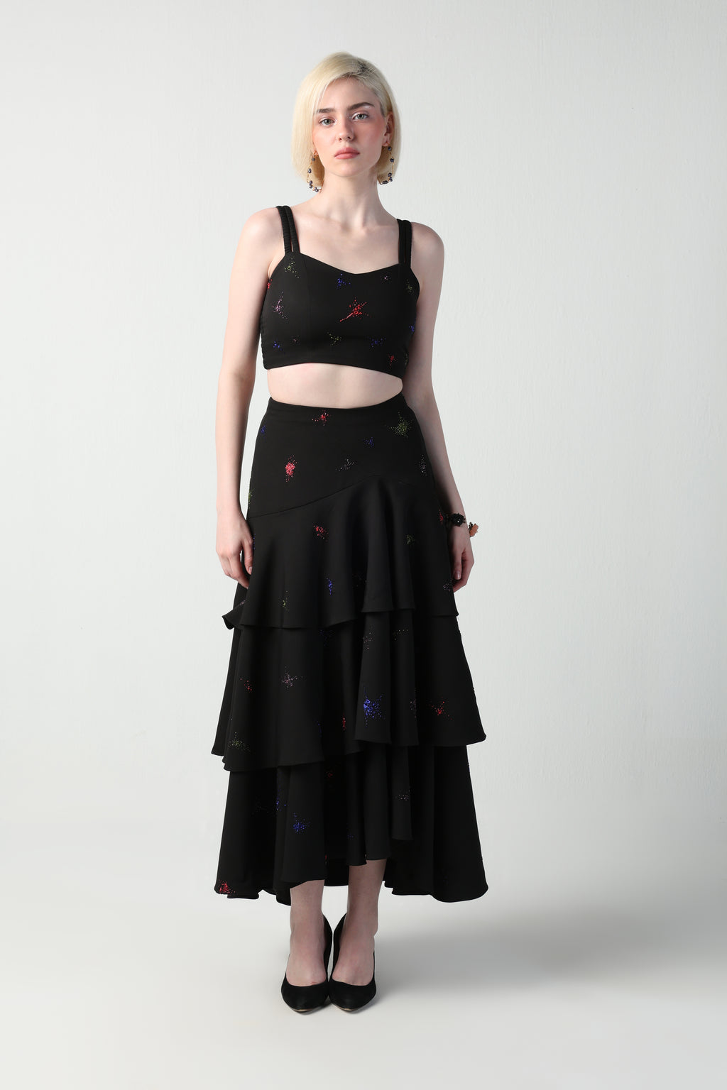 TOSCA BLACK COLORFUL SPLITTER SPLATTER DETACHABLE (LONG – SHORT) SKIRT CO-ORD SET