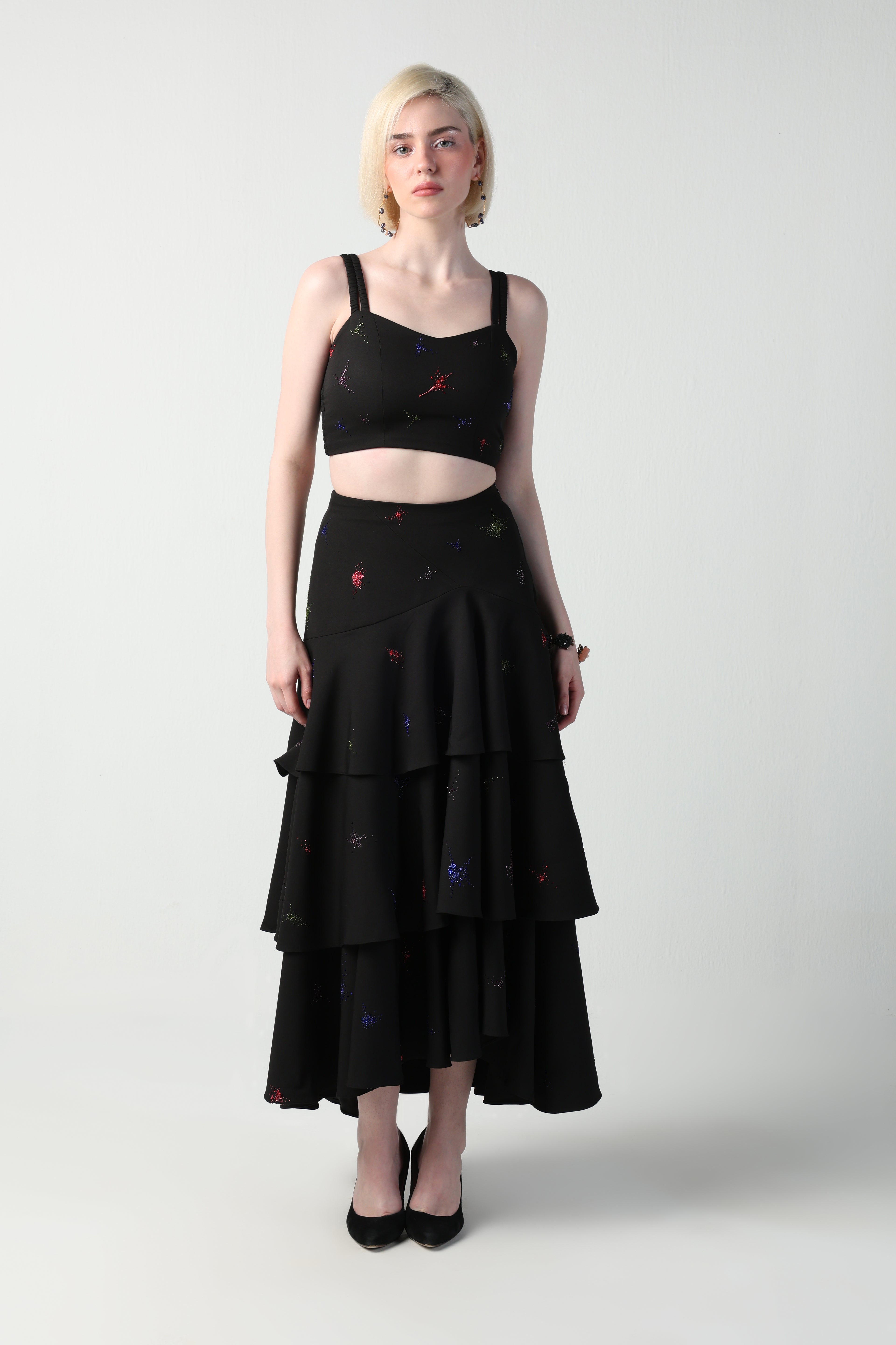 TOSCA BLACK COLORFUL SPLITTER SPLATTER DETACHABLE (LONG – SHORT) SKIRT CO-ORD SET