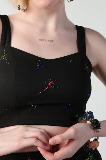 TOSCA BLACK COLORFUL SPLITTER SPLATTER DETACHABLE (LONG – SHORT) SKIRT CO-ORD SET