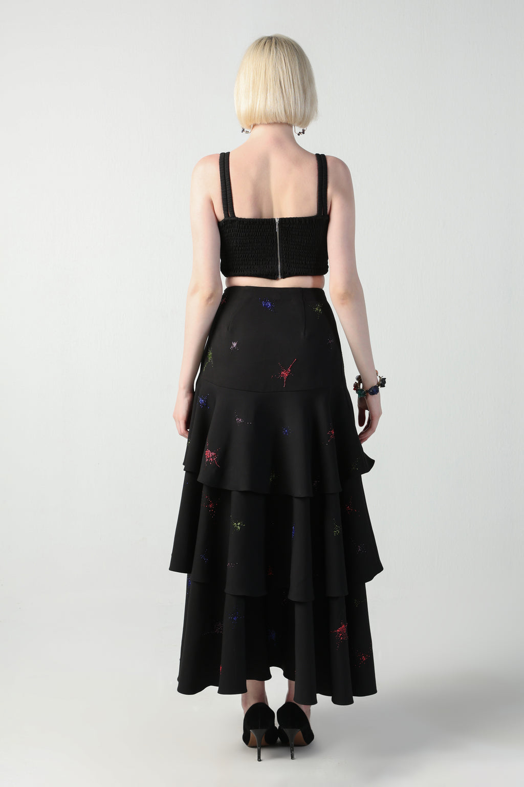 TOSCA BLACK COLORFUL SPLITTER SPLATTER DETACHABLE (LONG – SHORT) SKIRT CO-ORD SET