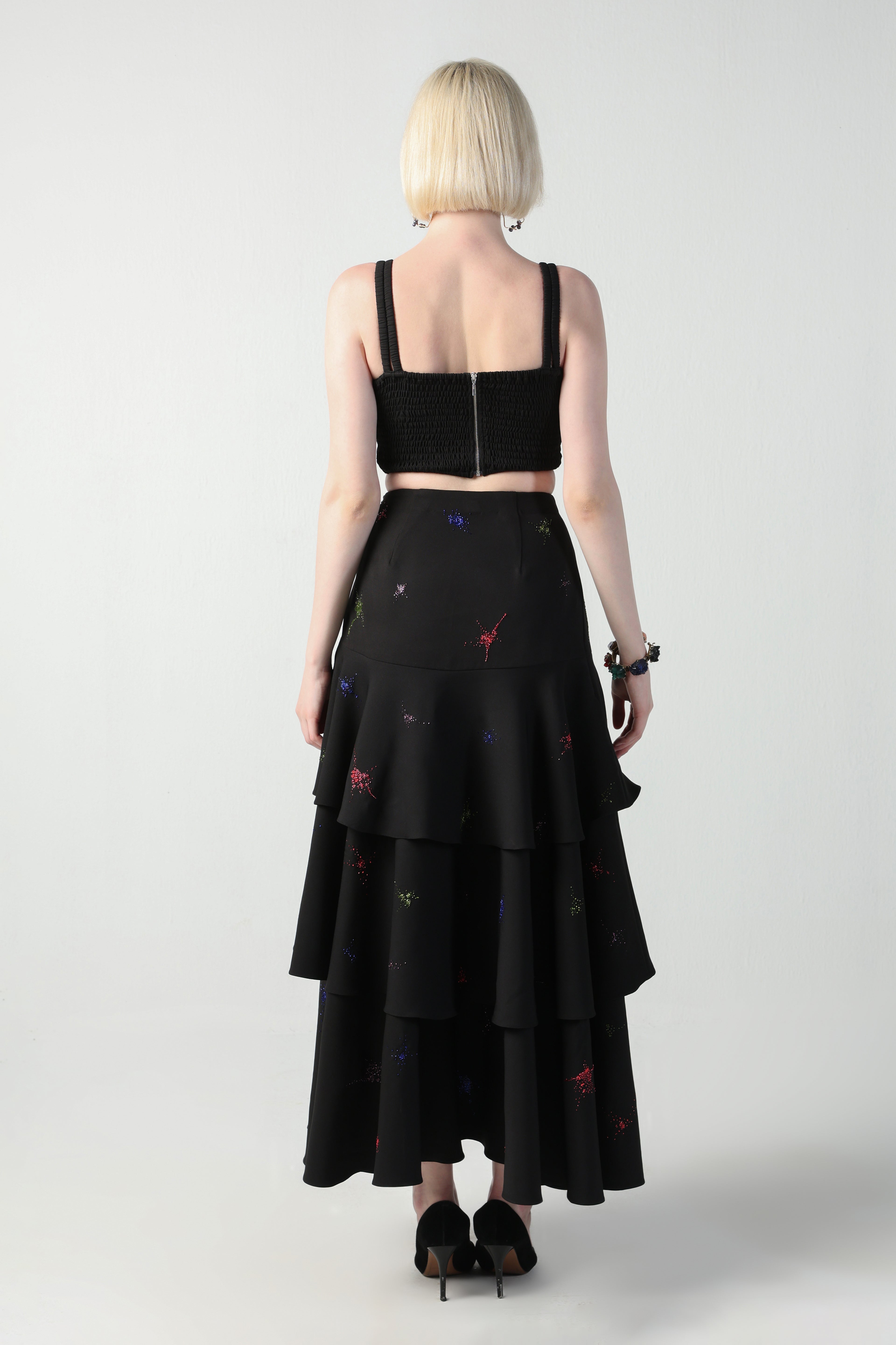 TOSCA BLACK COLORFUL SPLITTER SPLATTER DETACHABLE (LONG – SHORT) SKIRT CO-ORD SET