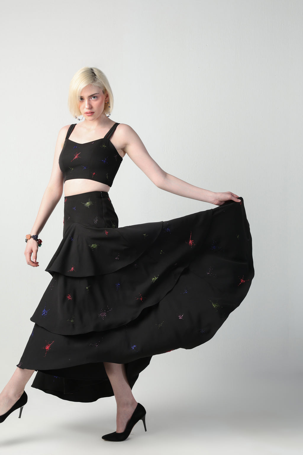 TOSCA BLACK COLORFUL SPLITTER SPLATTER DETACHABLE (LONG – SHORT) SKIRT CO-ORD SET