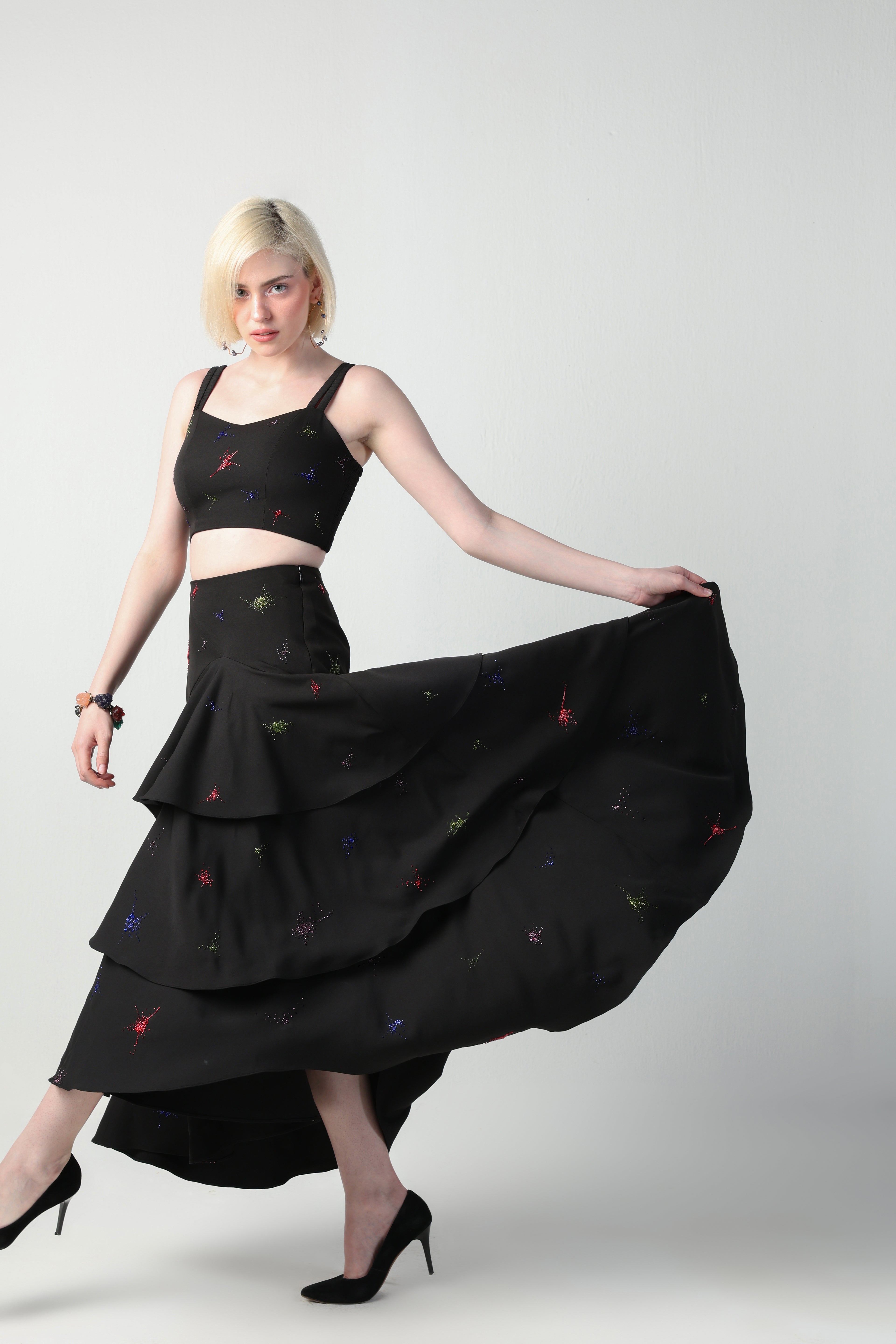 TOSCA BLACK COLORFUL SPLITTER SPLATTER DETACHABLE (LONG – SHORT) SKIRT CO-ORD SET