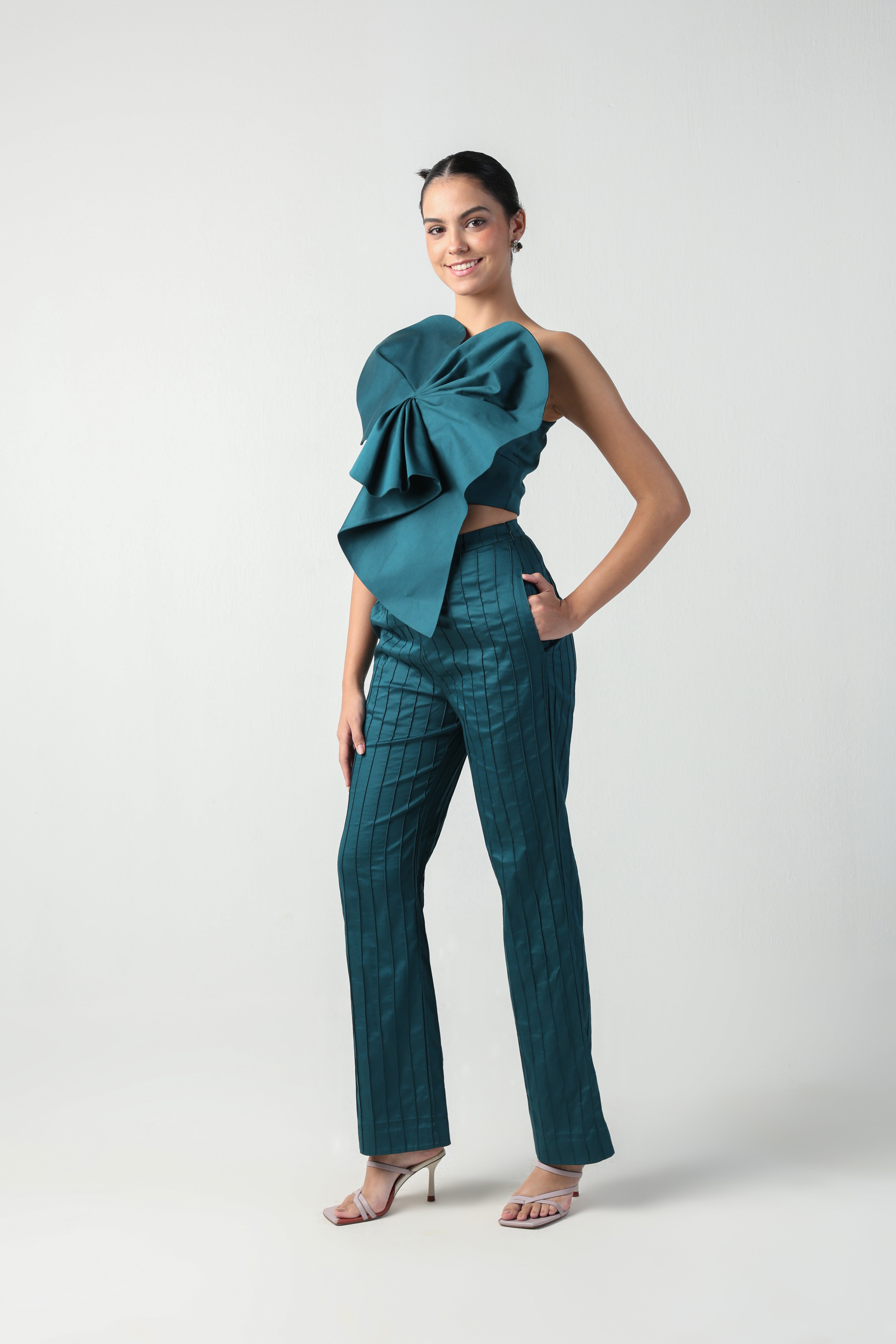 GILDA SEA GREEN 3D PATTERNED HEART BOW TOP / PANTS CO-ORD SET