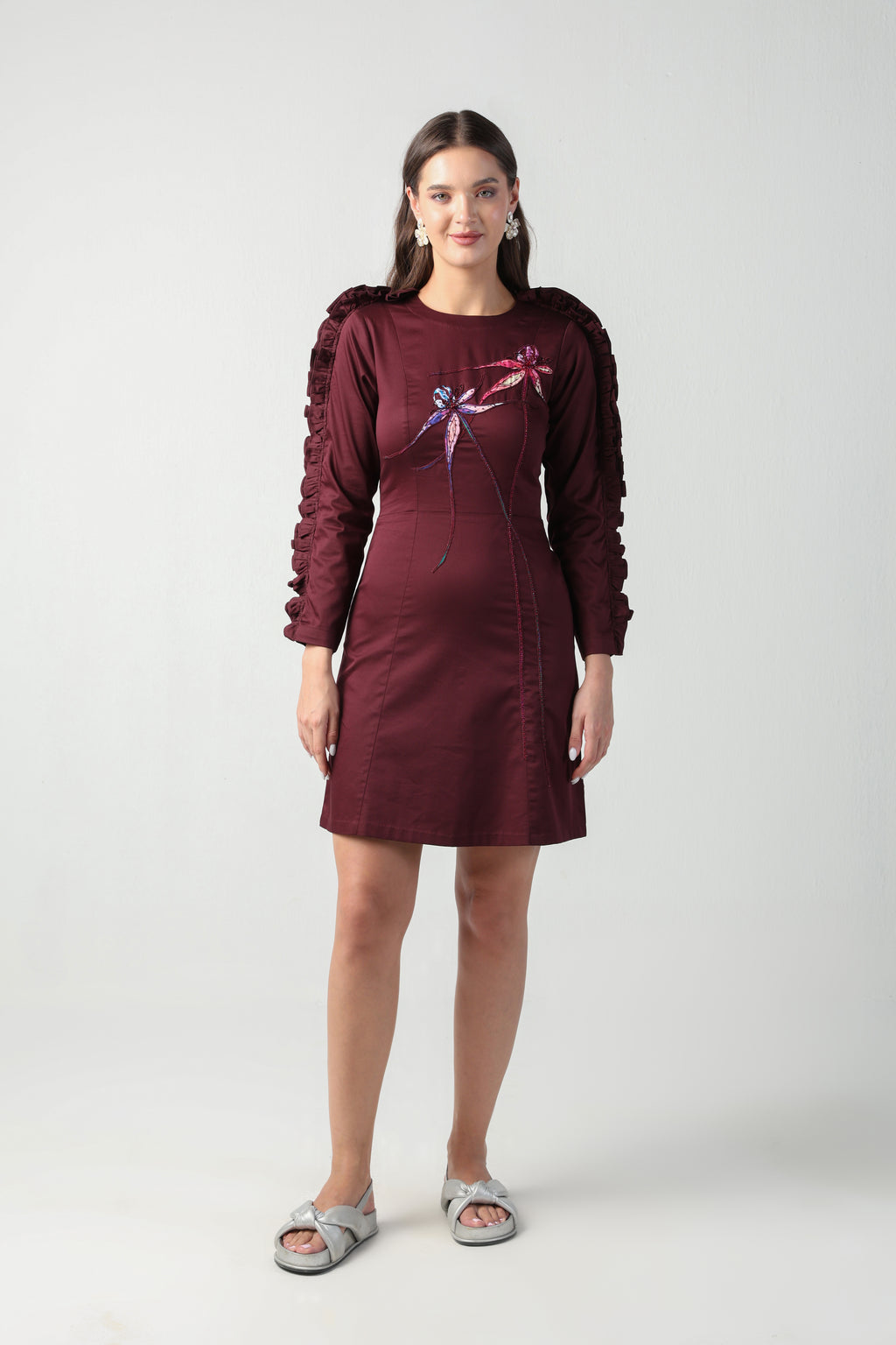 ZITA WINE TONE RUFFLE FULL SLEEVE FLORAL APPLIQUE SHEATH DRESS