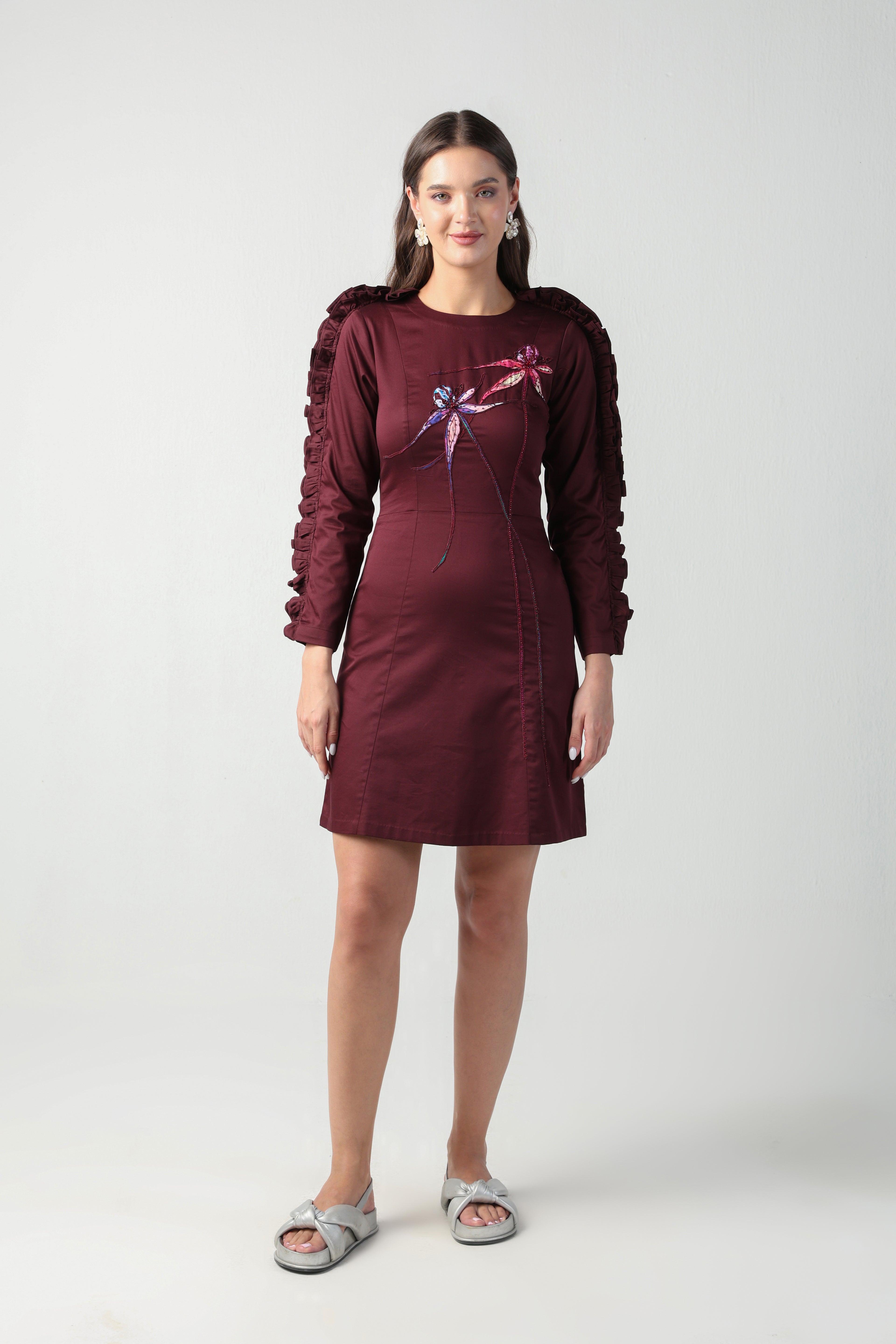 ZITA WINE TONE RUFFLE FULL SLEEVE FLORAL APPLIQUE SHEATH DRESS