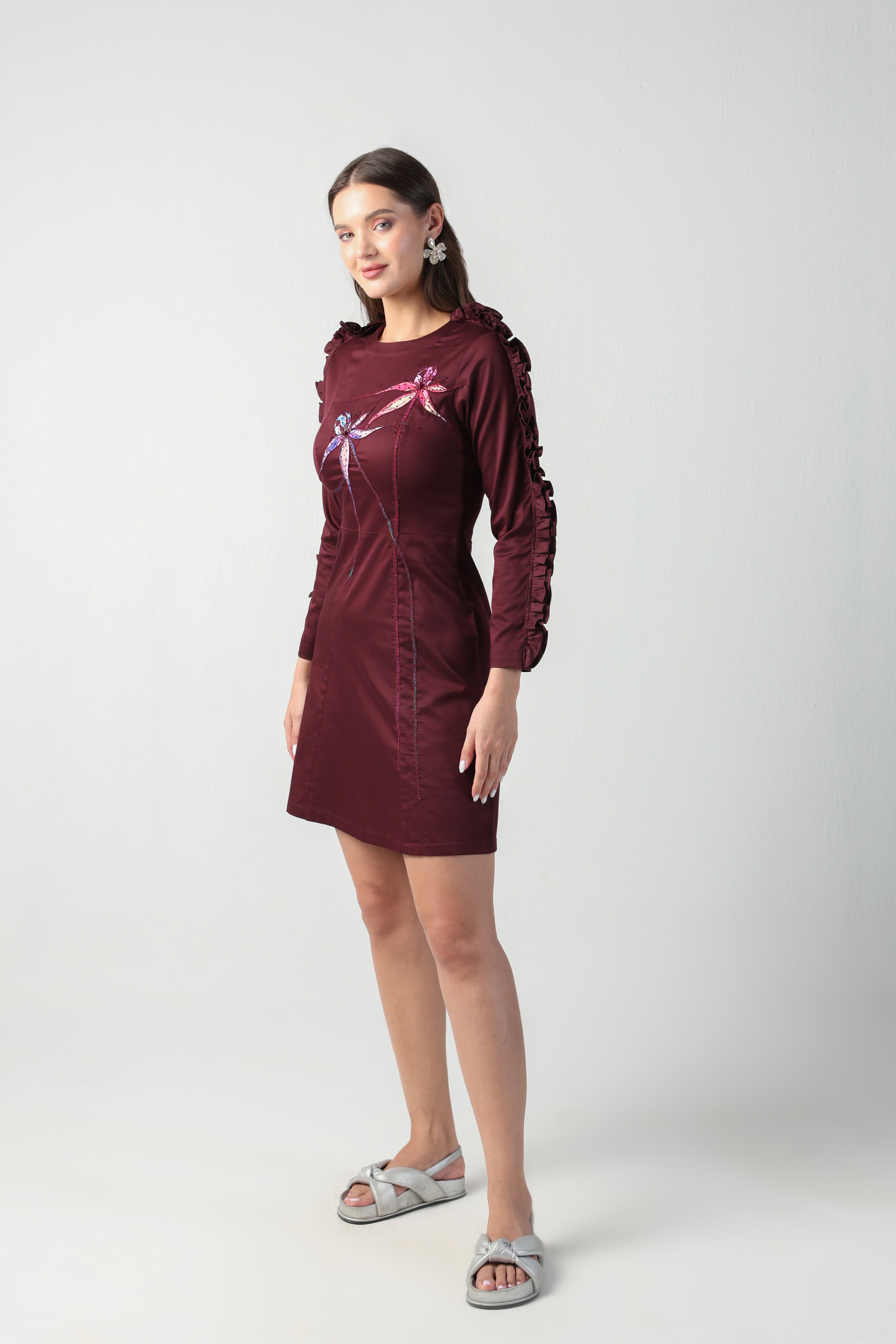 ZITA WINE TONE RUFFLE FULL SLEEVE FLORAL APPLIQUE SHEATH DRESS