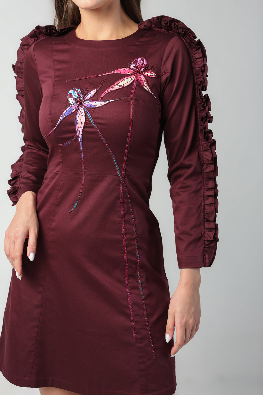 ZITA WINE TONE RUFFLE FULL SLEEVE FLORAL APPLIQUE SHEATH DRESS