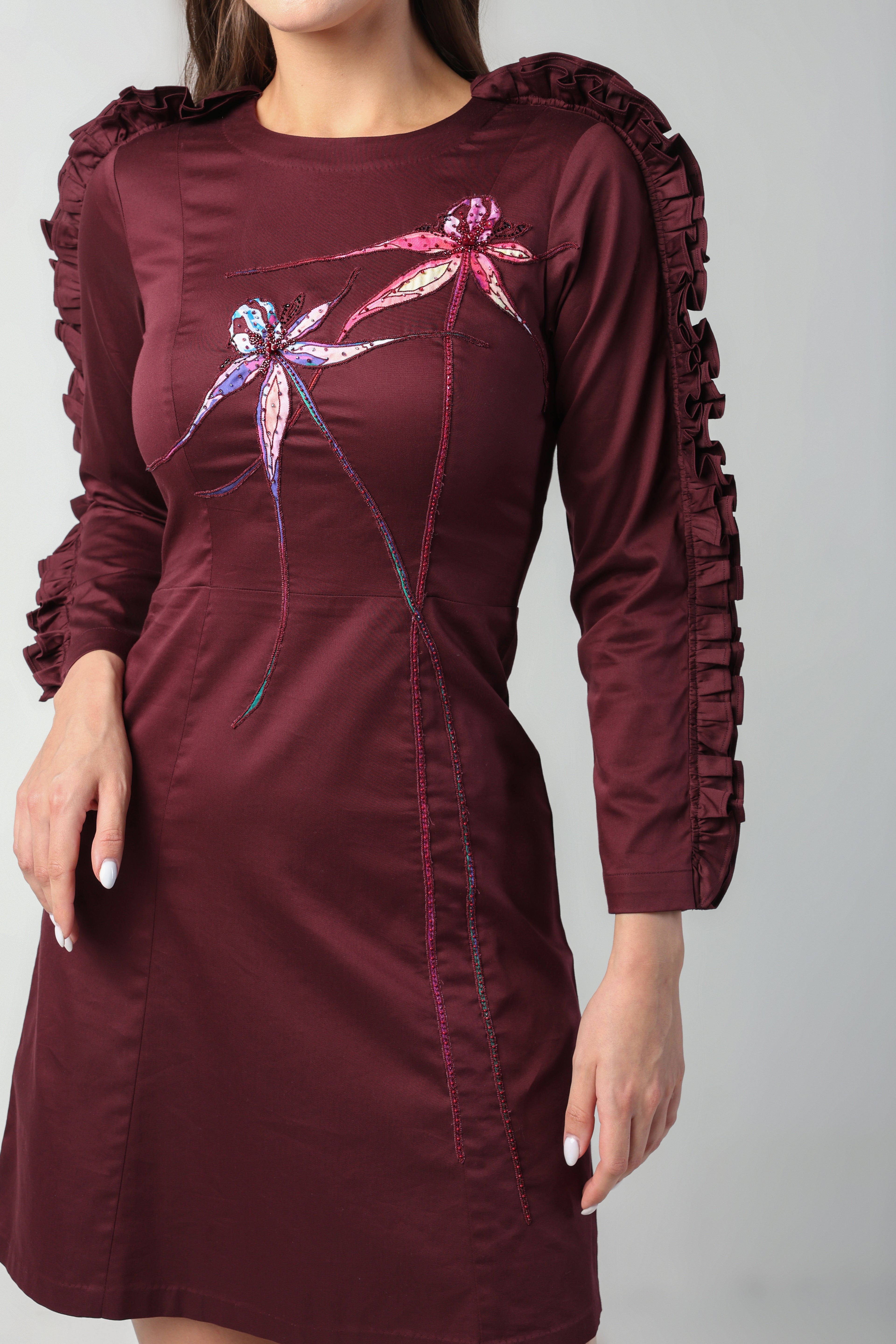 ZITA WINE TONE RUFFLE FULL SLEEVE FLORAL APPLIQUE SHEATH DRESS