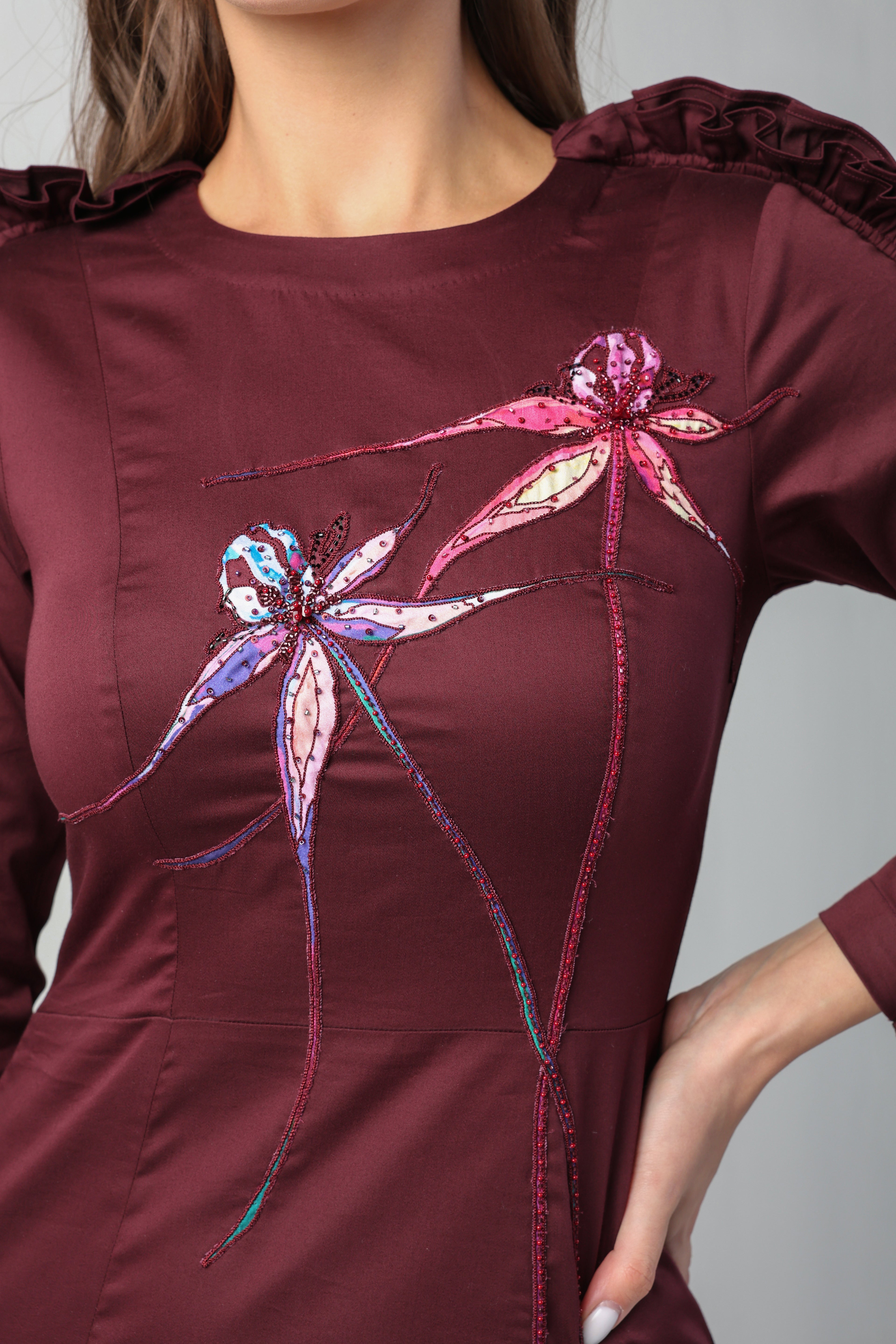 ZITA WINE TONE RUFFLE FULL SLEEVE FLORAL APPLIQUE SHEATH DRESS