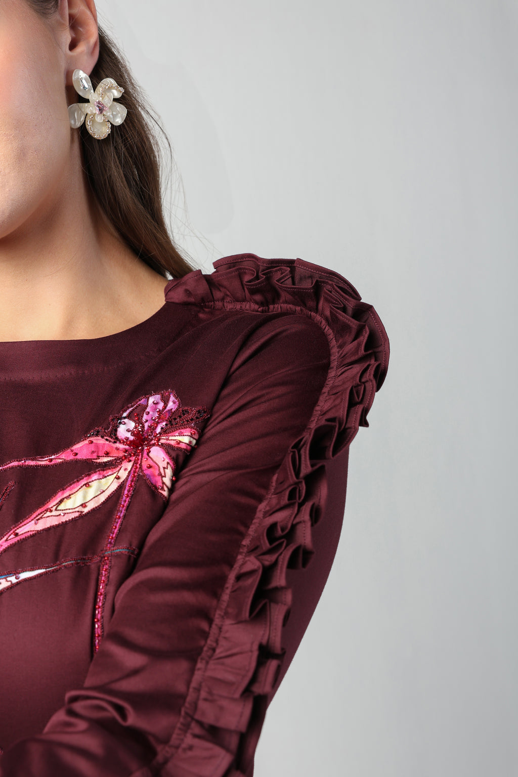 ZITA WINE TONE RUFFLE FULL SLEEVE FLORAL APPLIQUE SHEATH DRESS