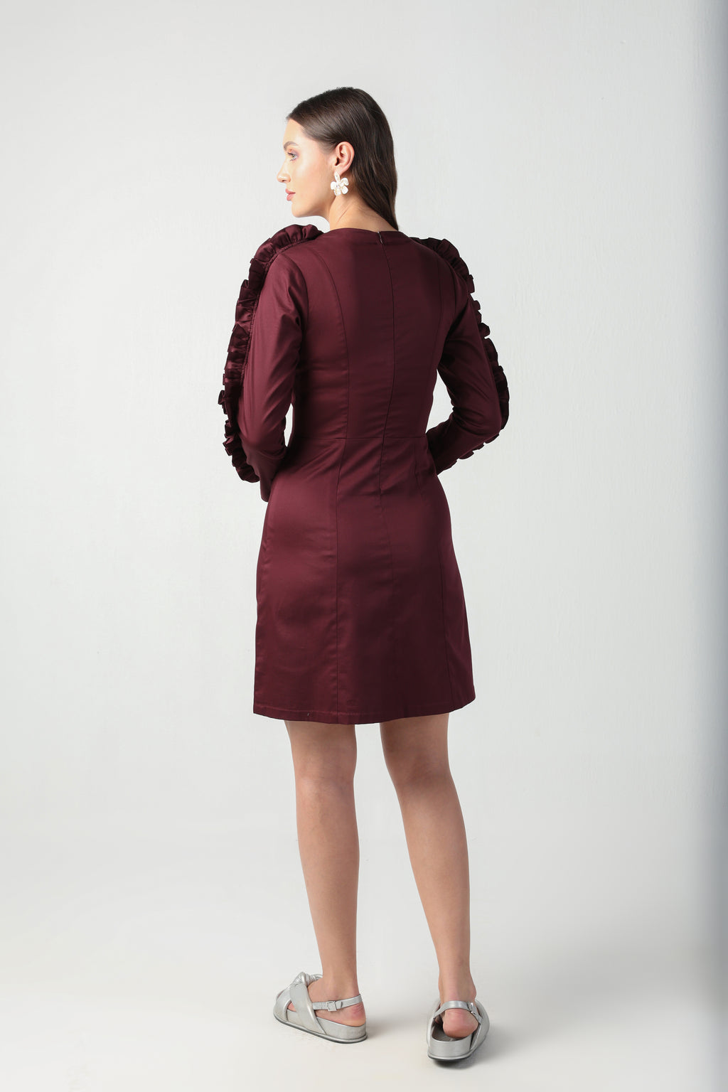 ZITA WINE TONE RUFFLE FULL SLEEVE FLORAL APPLIQUE SHEATH DRESS