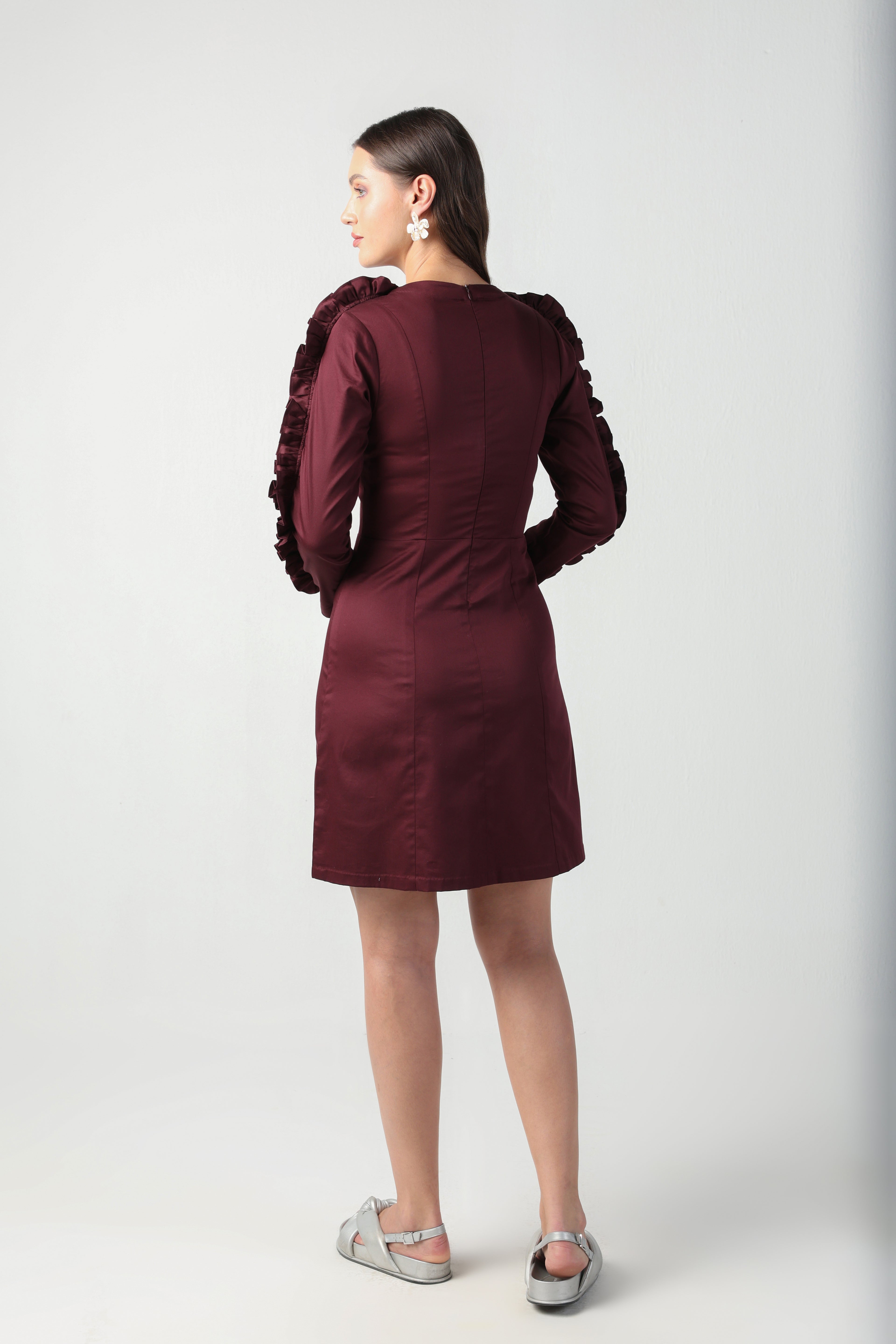 ZITA WINE TONE RUFFLE FULL SLEEVE FLORAL APPLIQUE SHEATH DRESS