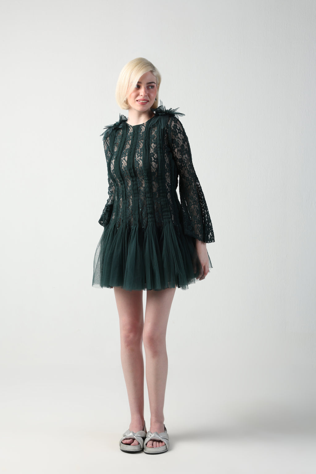 ZARIA DARK GREEN 3D SHOULDER FLOWER LACE TULLE DRESS