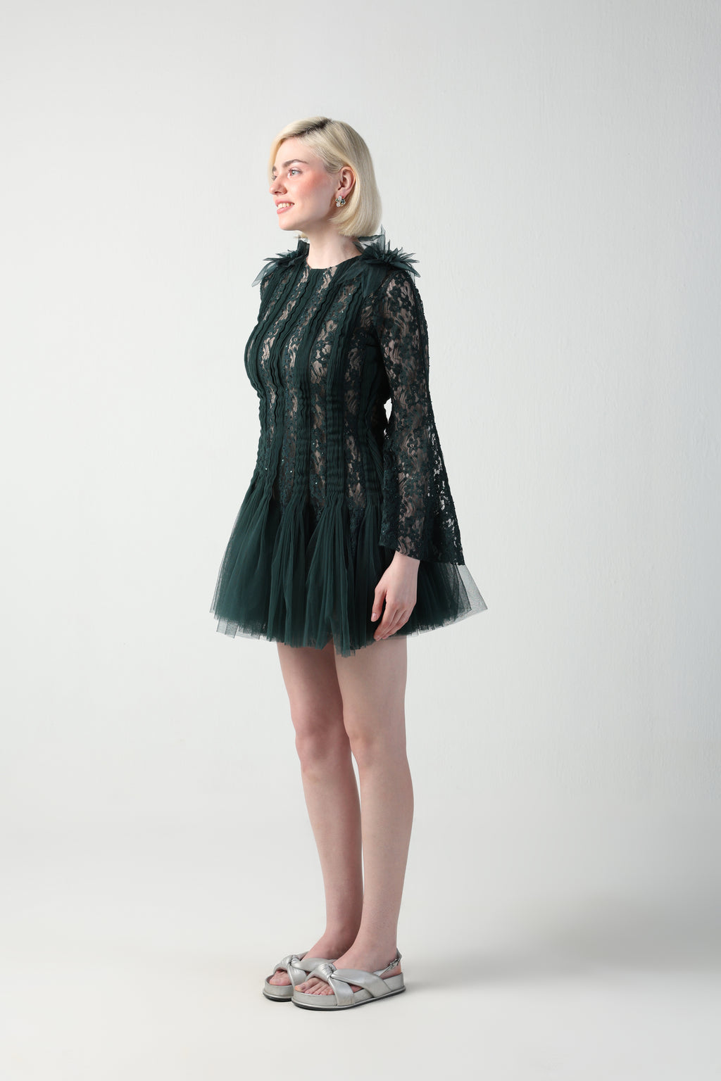 ZARIA DARK GREEN 3D SHOULDER FLOWER LACE TULLE DRESS