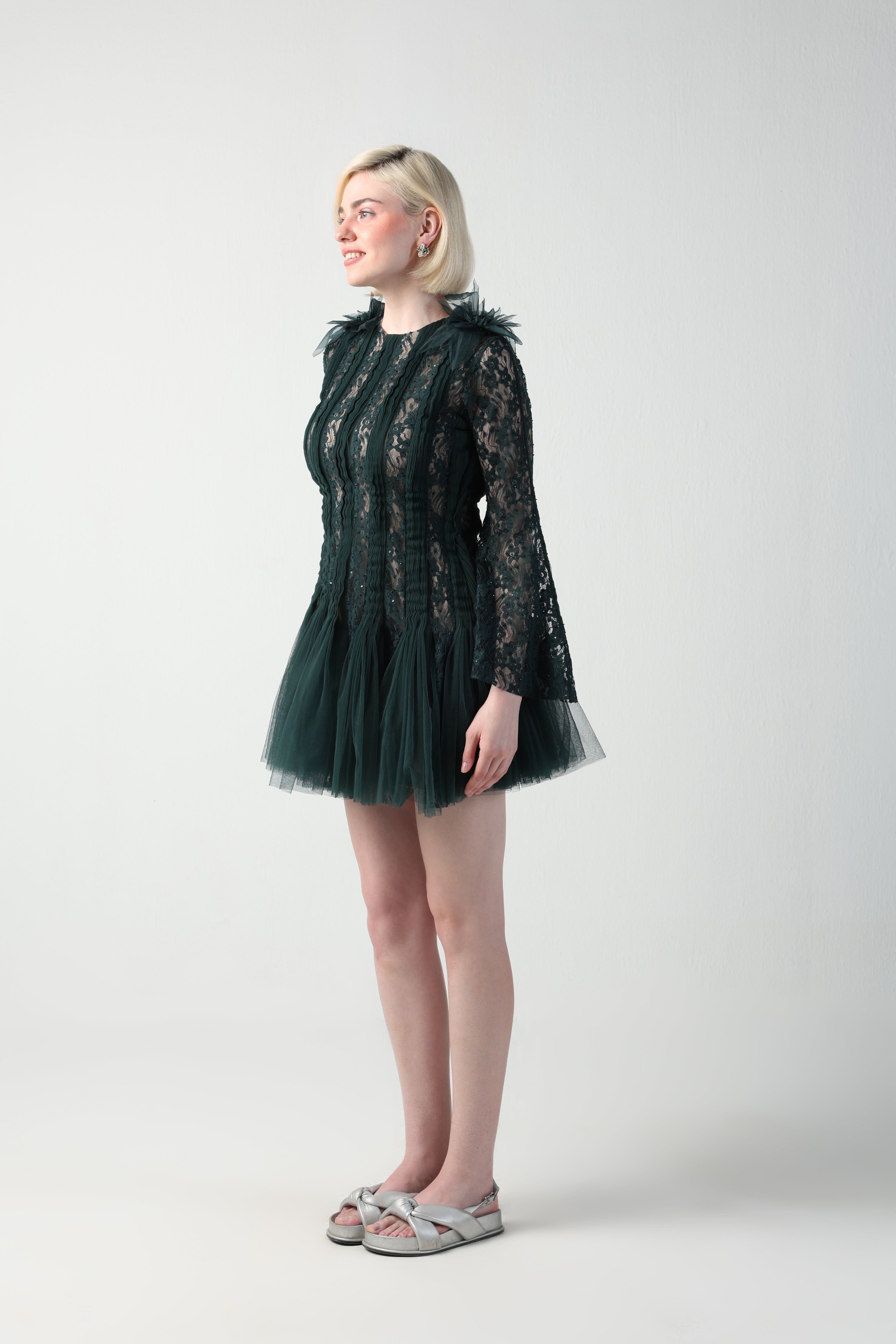 ZARIA DARK GREEN 3D SHOULDER FLOWER LACE TULLE DRESS