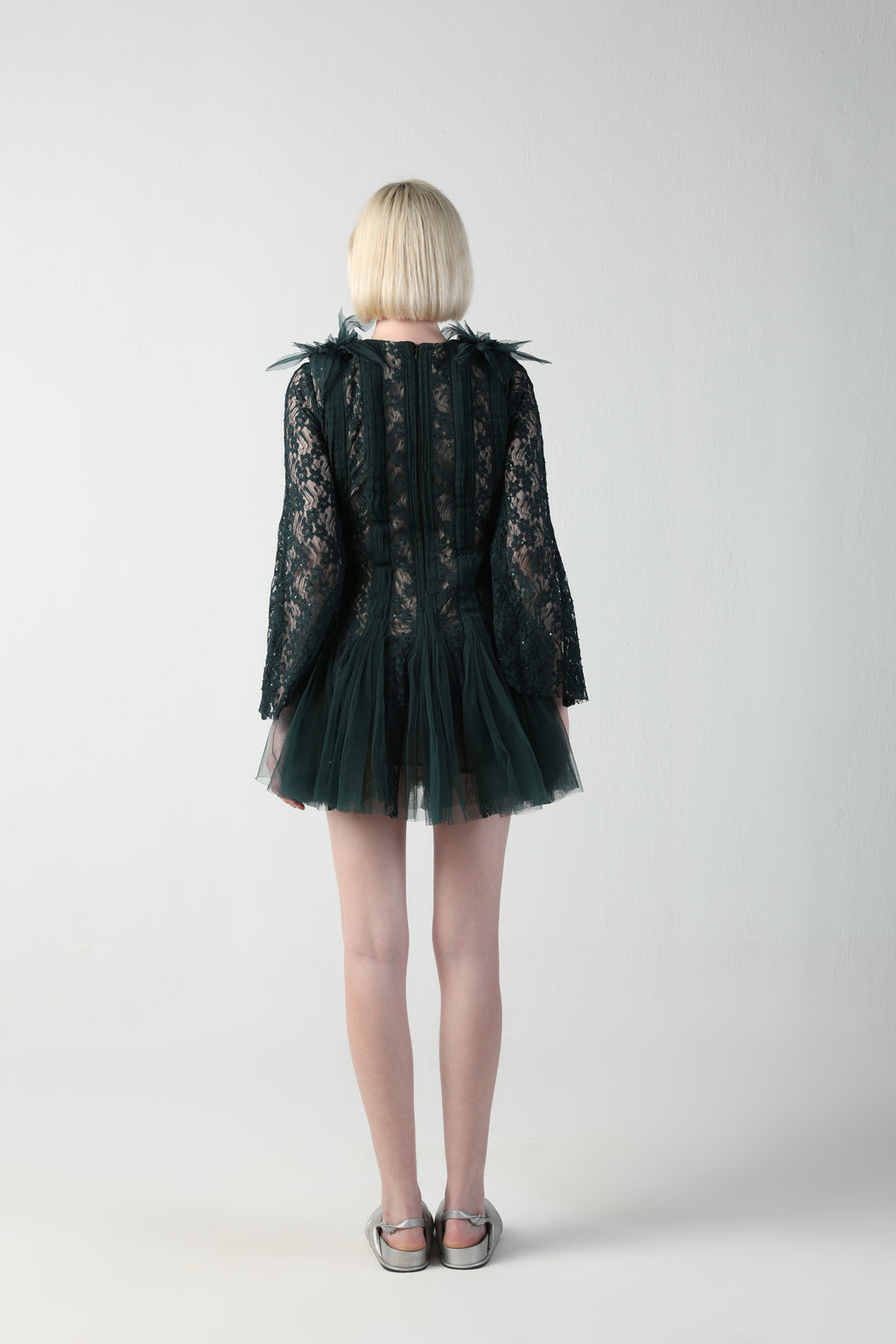 ZARIA DARK GREEN 3D SHOULDER FLOWER LACE TULLE DRESS